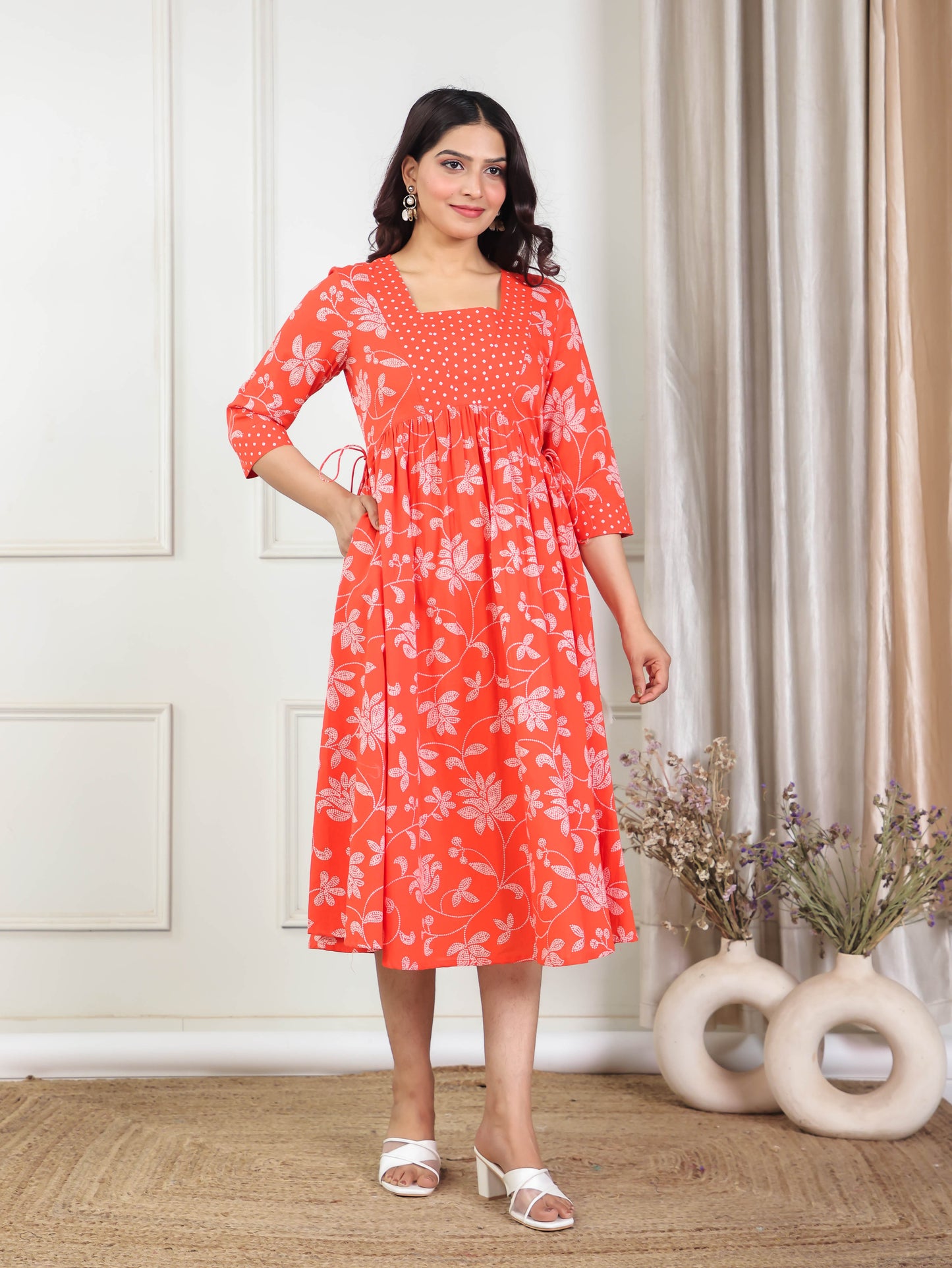 Soft Cotton Floral Anarkali Orange Dress