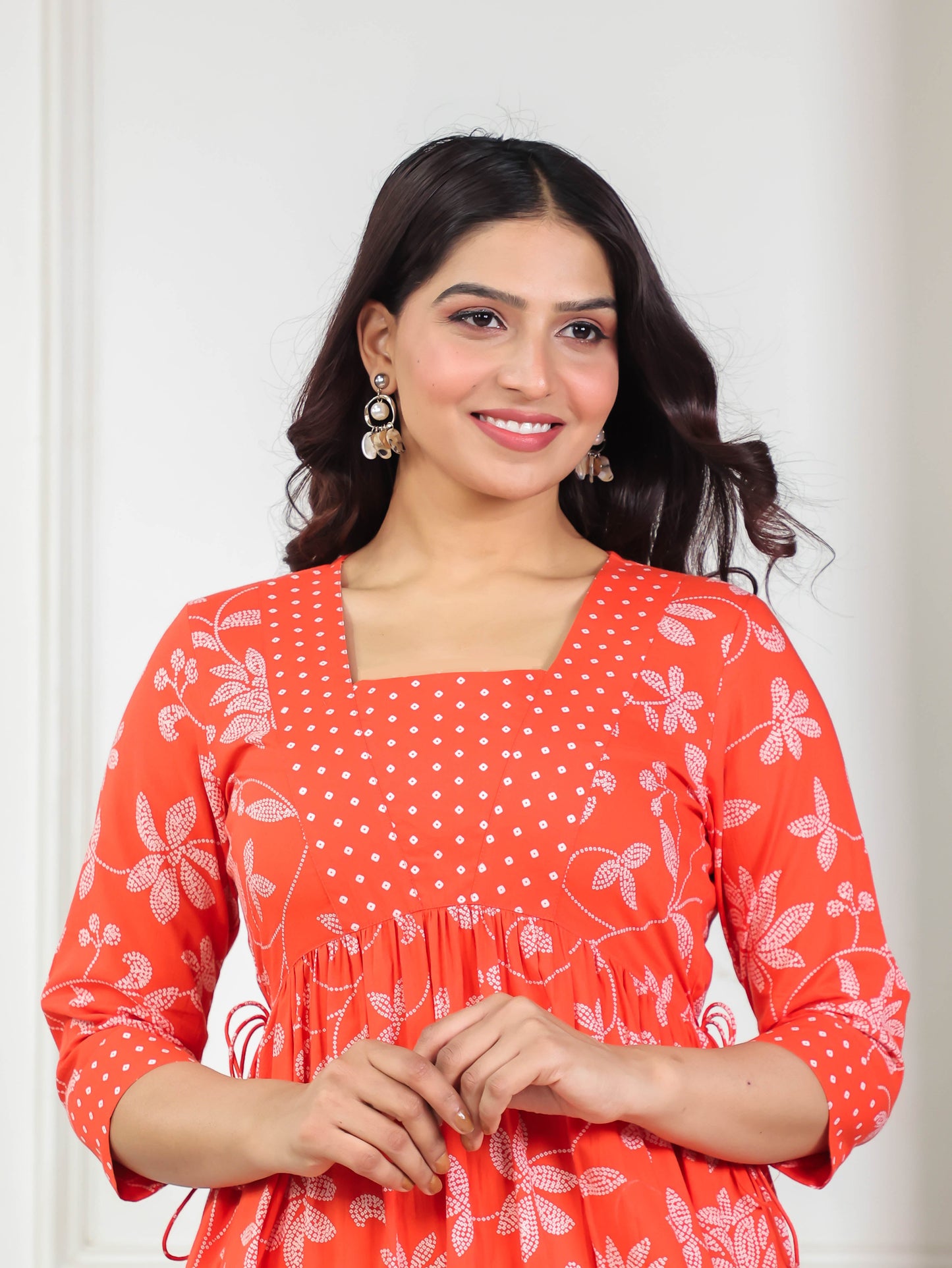Soft Cotton Floral Anarkali Orange Dress