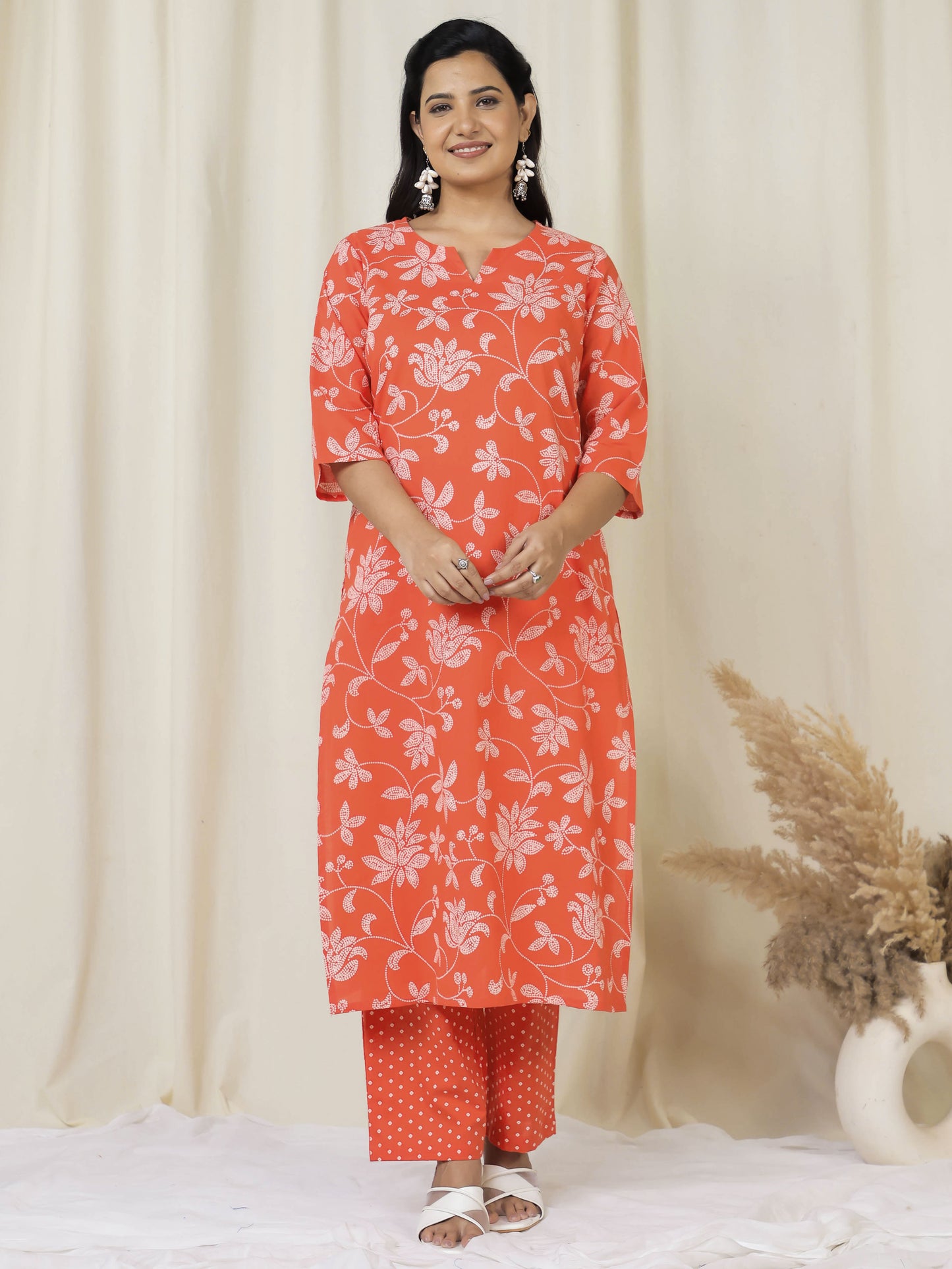 Soft Cotton Bandhani Straight Orange Kurta