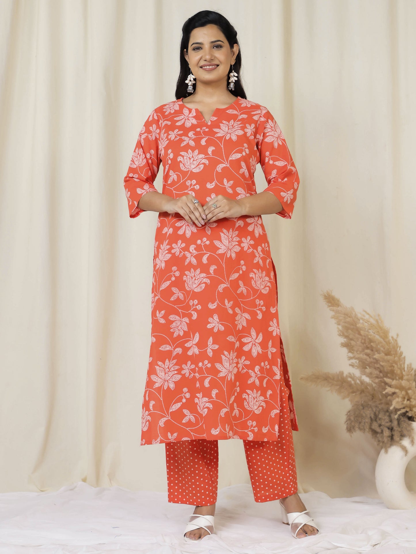 Soft Cotton Bandhani Straight Orange Kurta