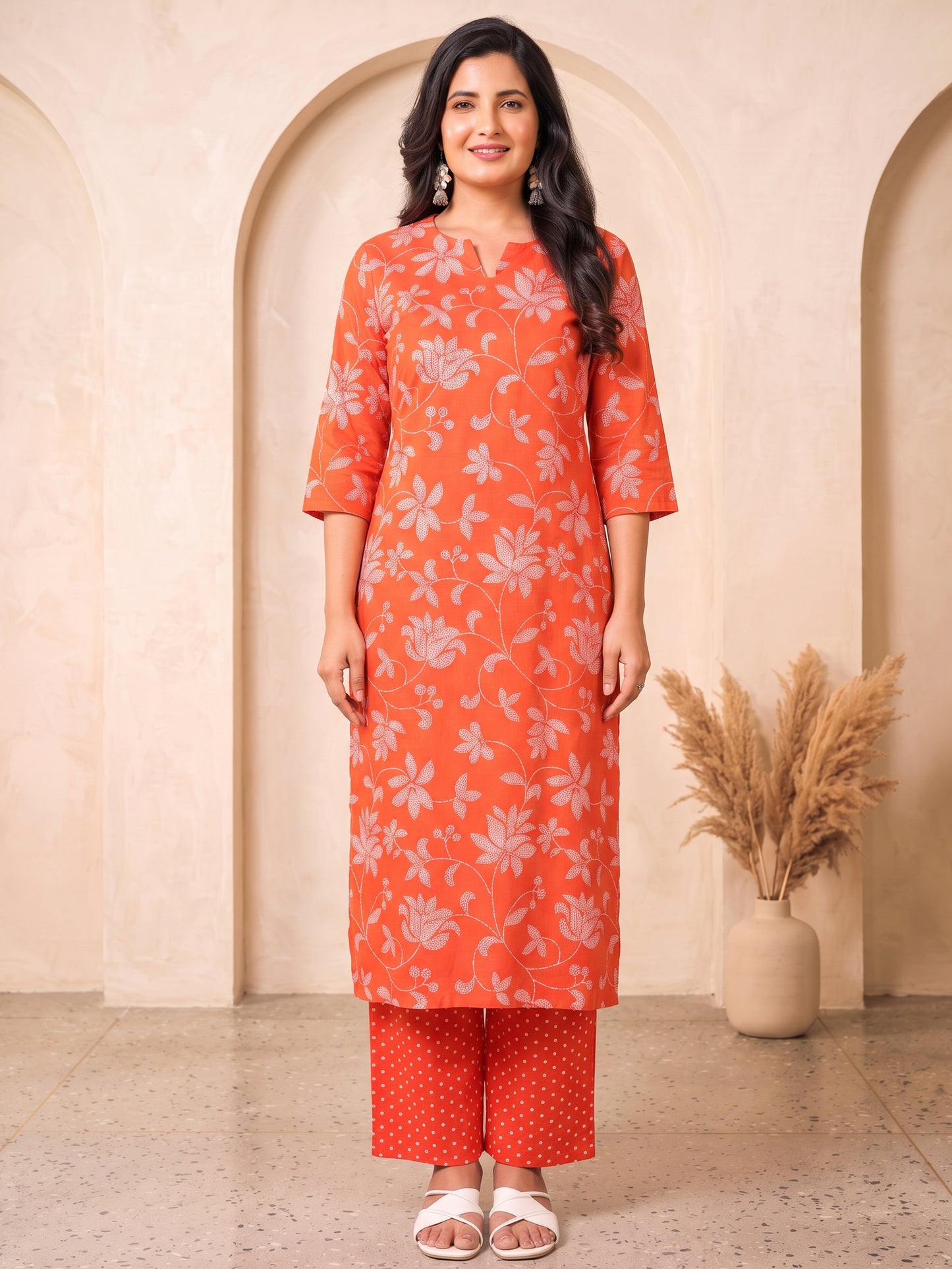 Soft Cotton Bandhani Straight Orange Kurta