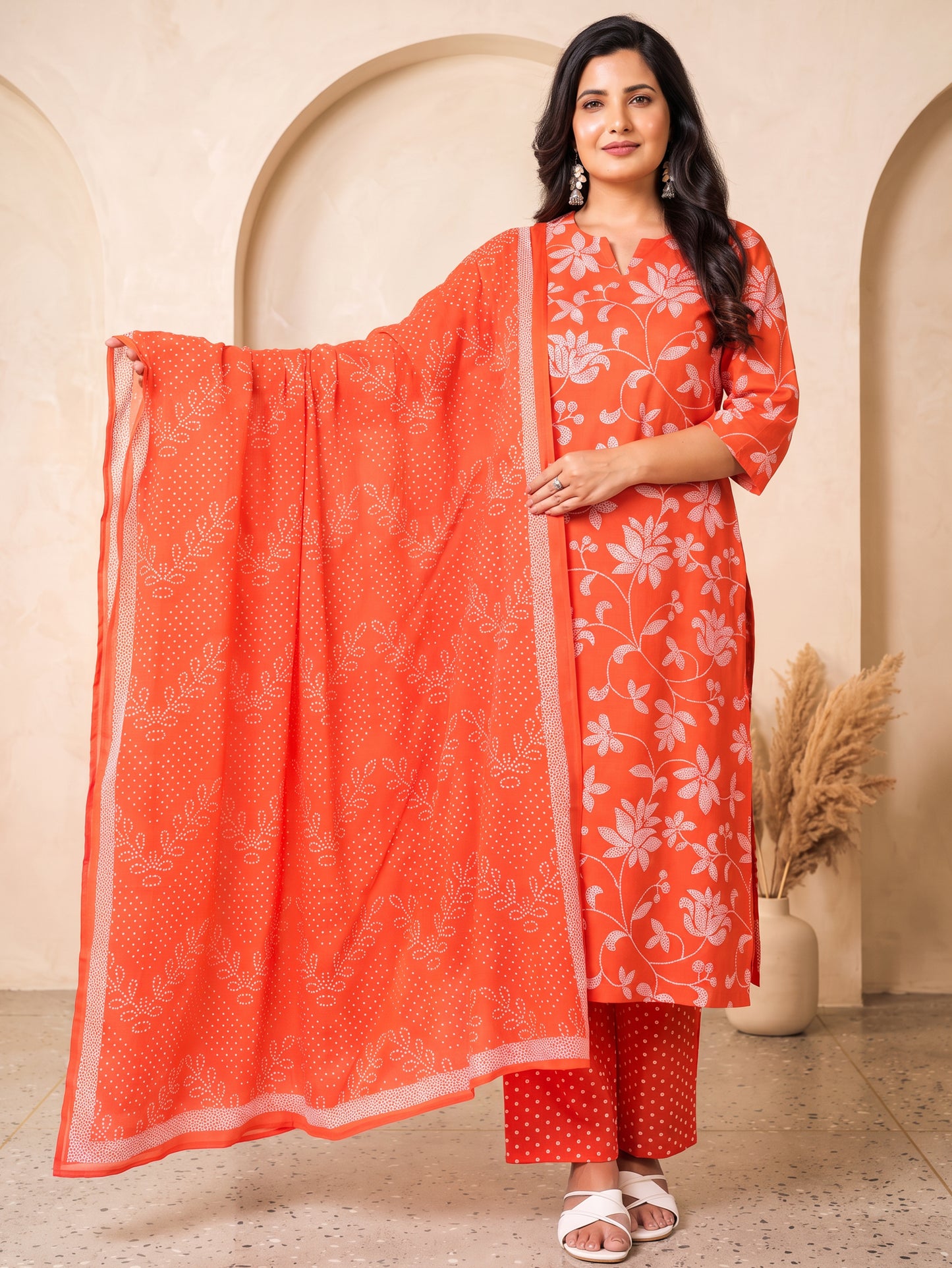Soft Cotton Bandhani Straight Orange Kurta