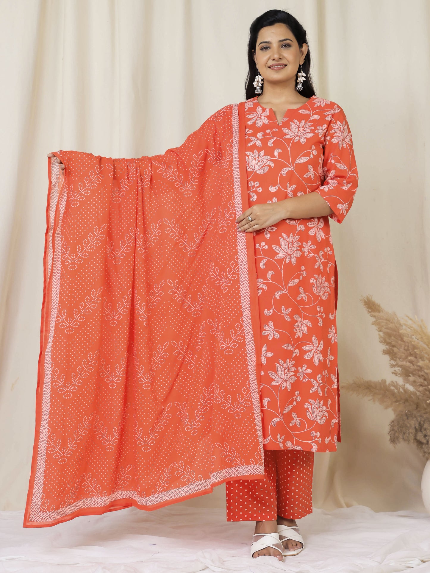 Soft Cotton Bandhani Straight Orange Kurta