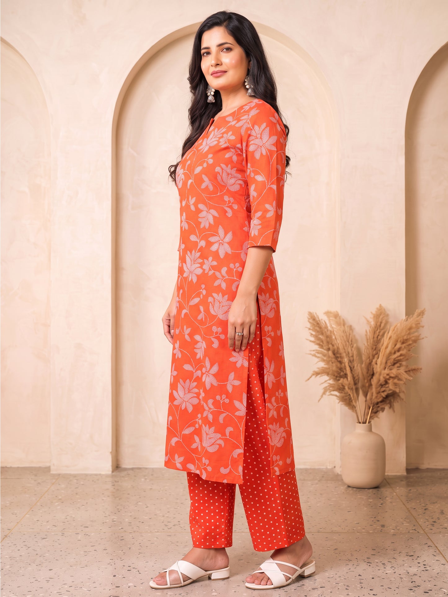 Soft Cotton Bandhani Straight Orange Kurta
