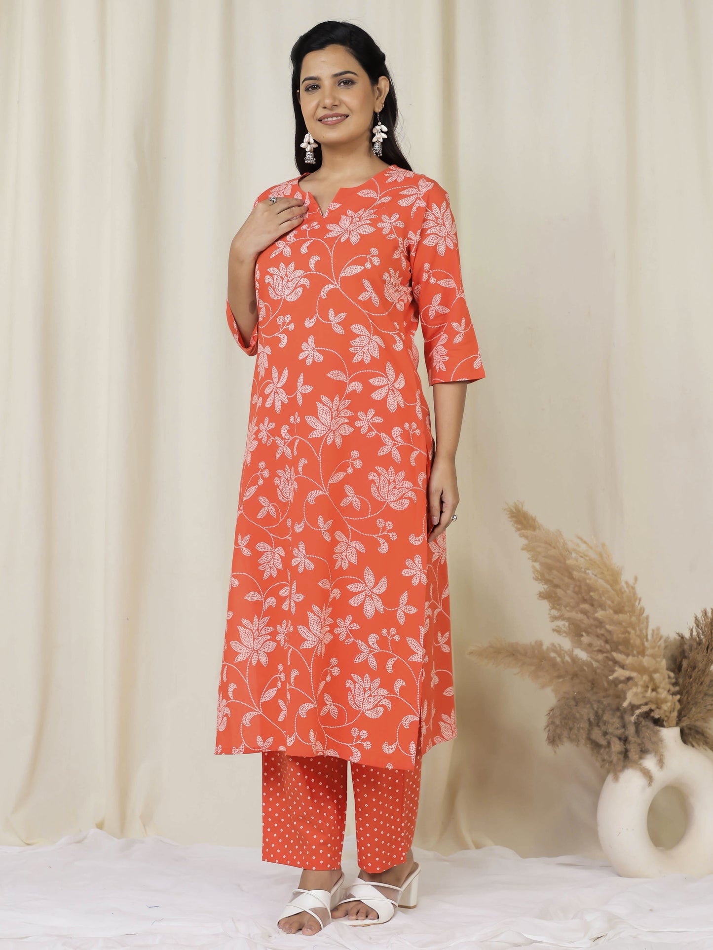 Soft Cotton Bandhani Straight Orange Kurta