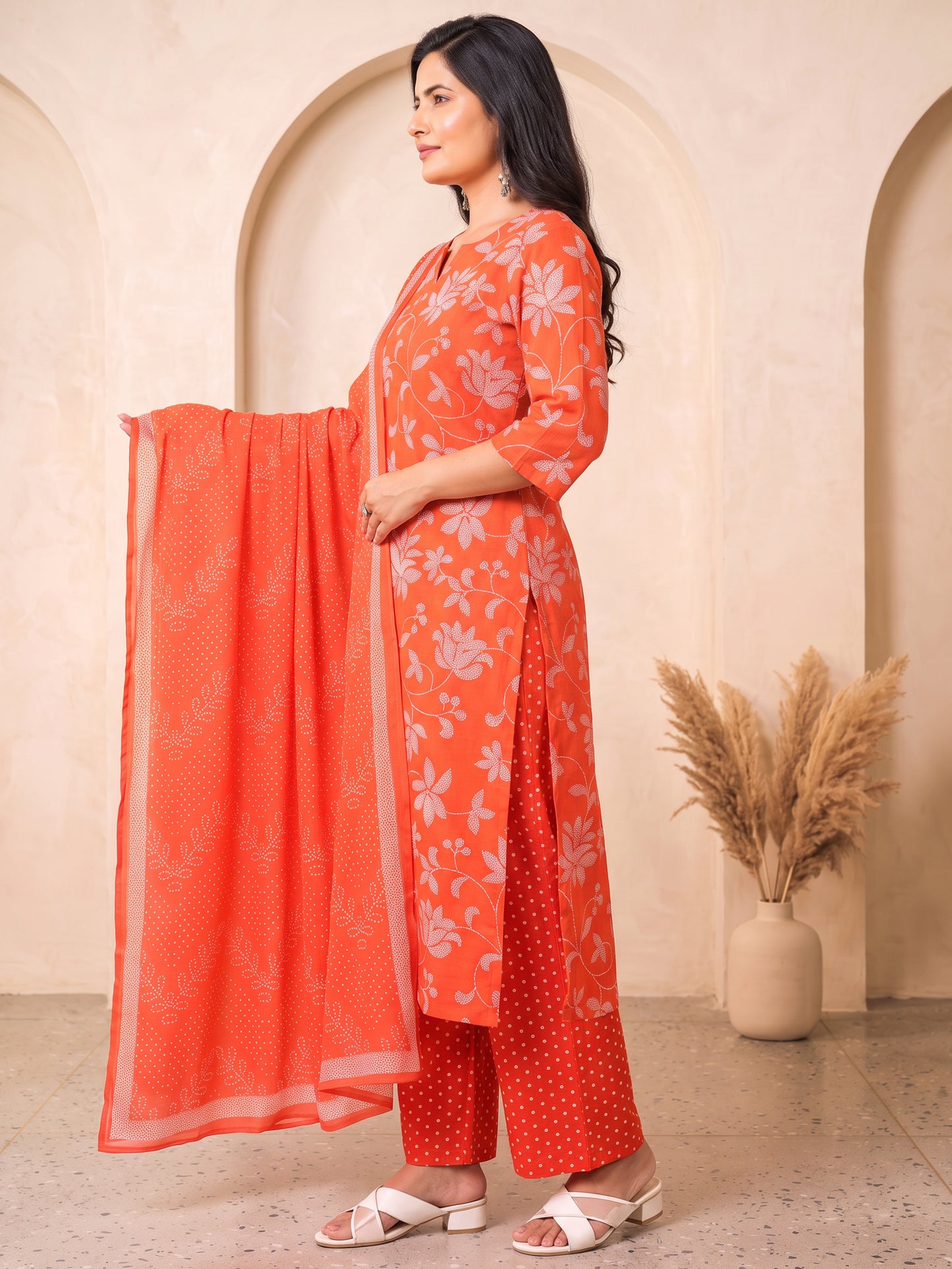Soft Cotton Bandhani Straight Orange Kurta