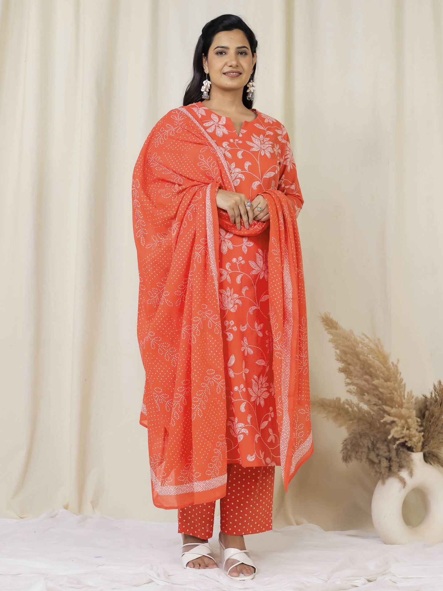 Soft Cotton Bandhani Straight Orange Kurta