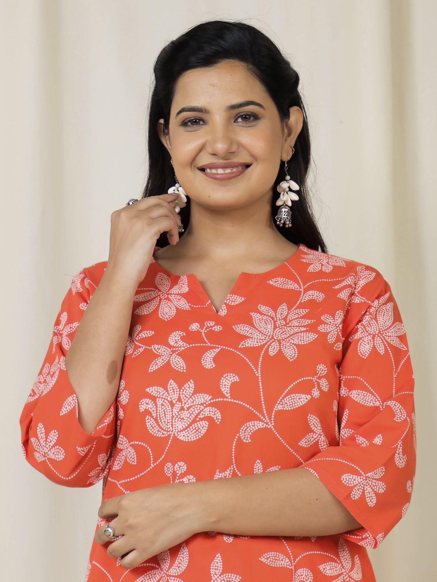 Soft Cotton Bandhani Straight Orange Kurta