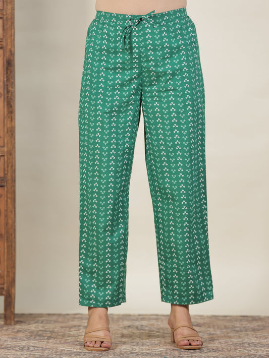 Soft Cotton Bandhani Green Straight Trousers
