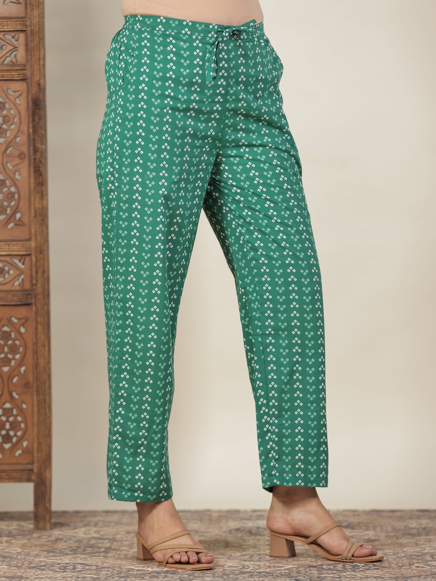 Soft Cotton Bandhani Green Straight Trousers