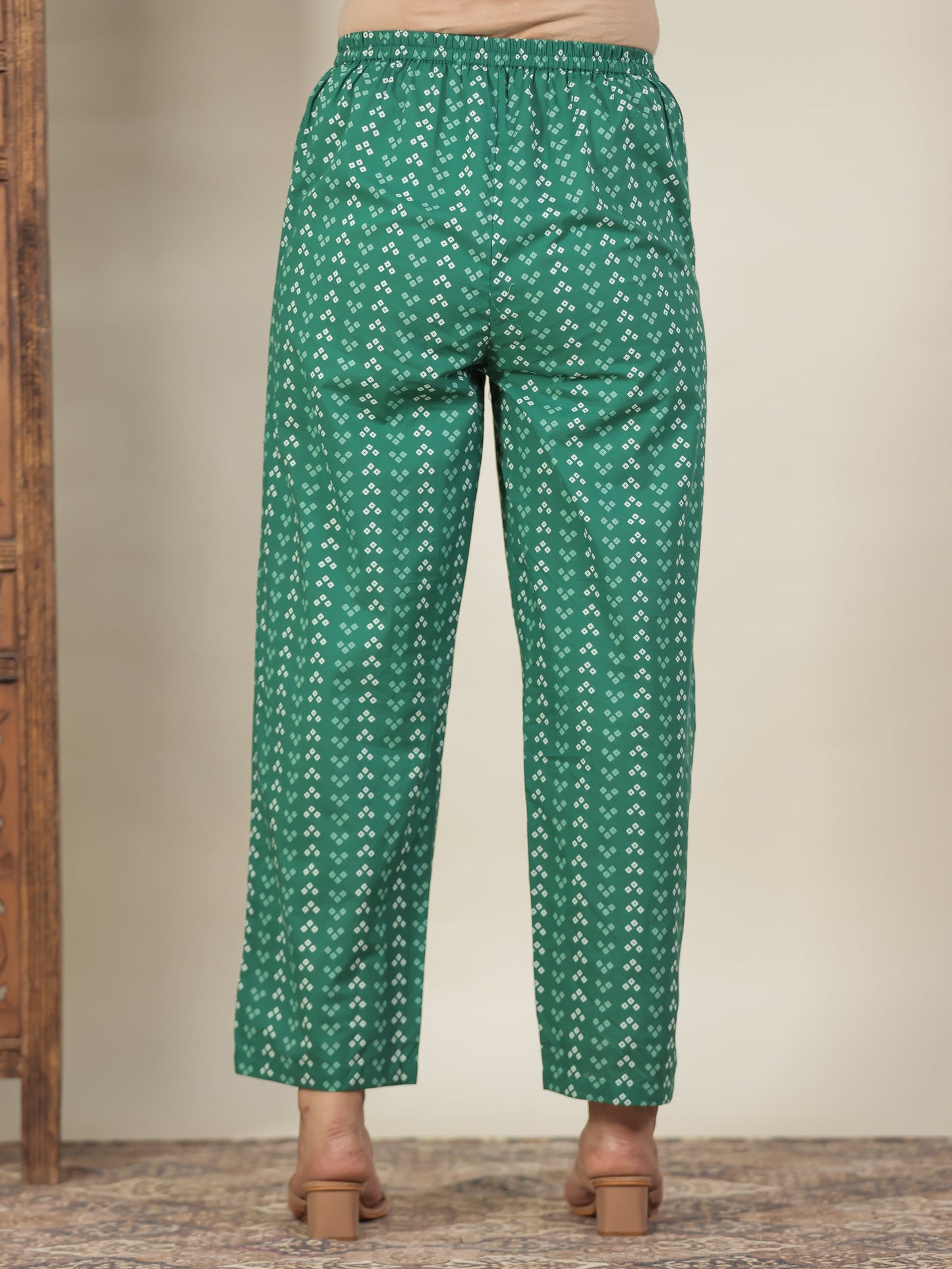 Soft Cotton Bandhani Green Straight Trousers