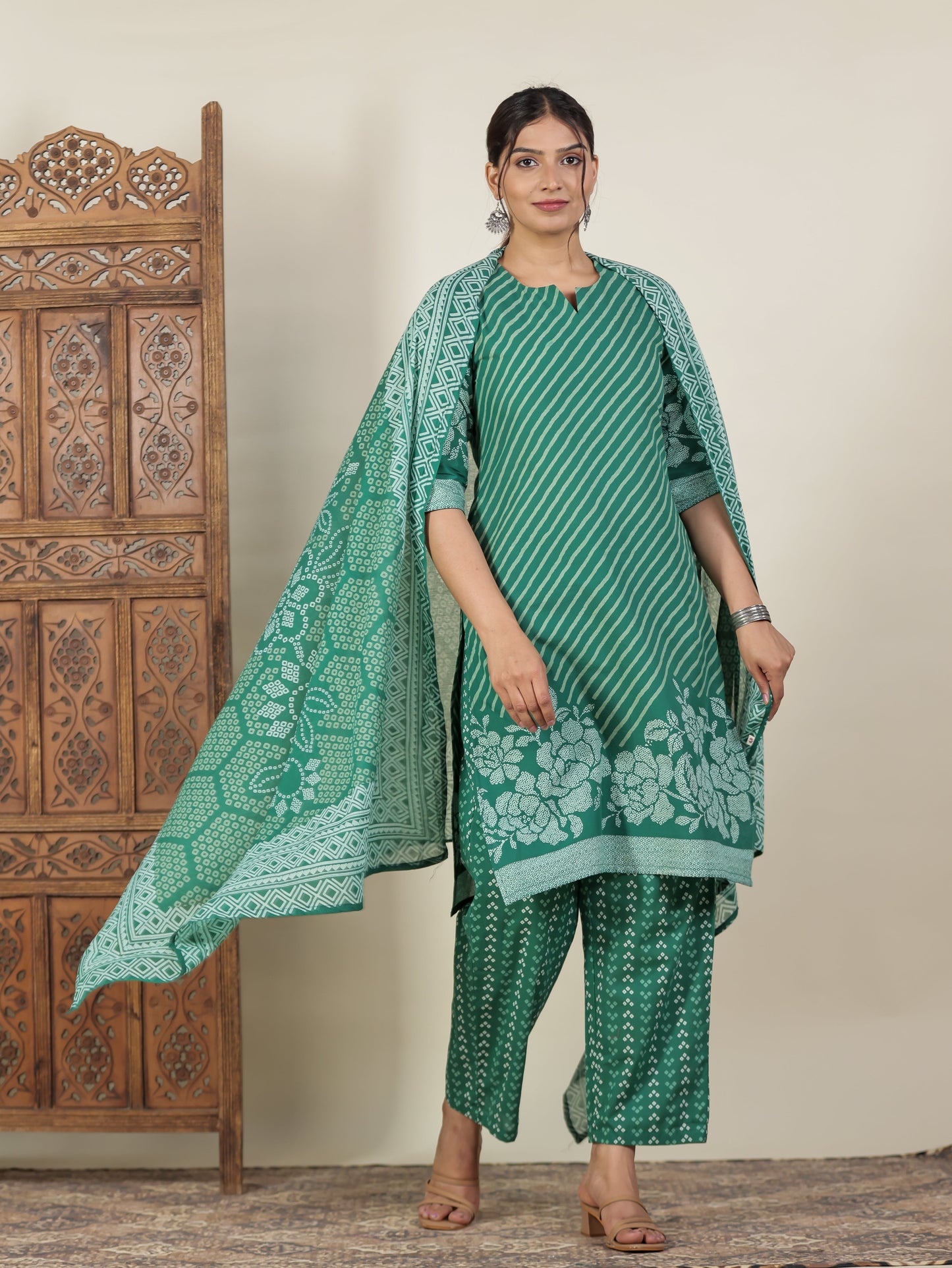 Soft Cotton Bandhani Straight Green Kurta