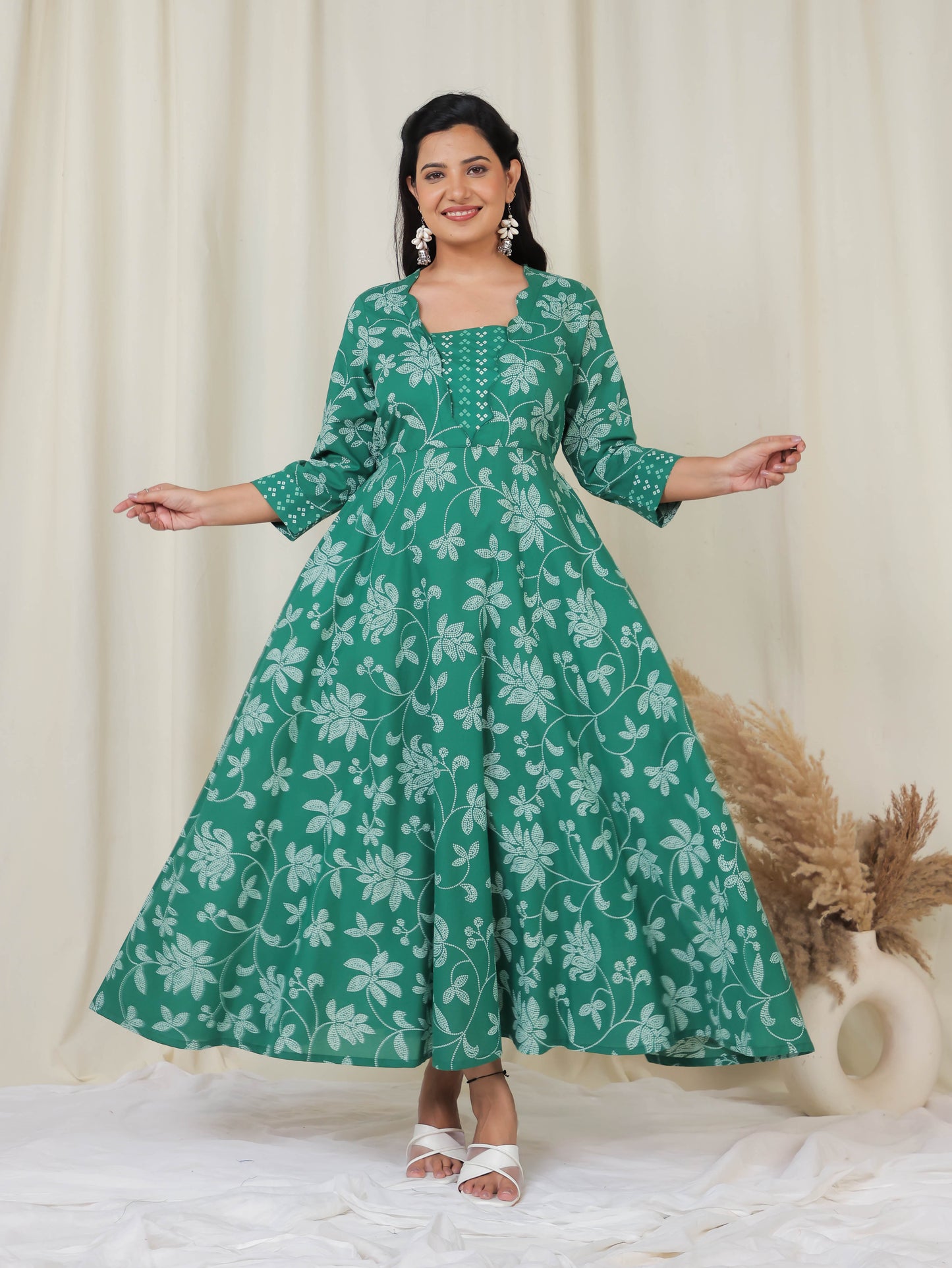 Soft Cotton Bandhani Anarkali Green Dress