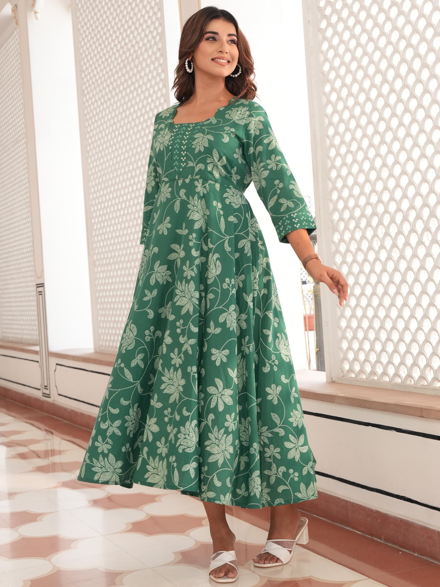 Soft Cotton Bandhani Anarkali Green Dress
