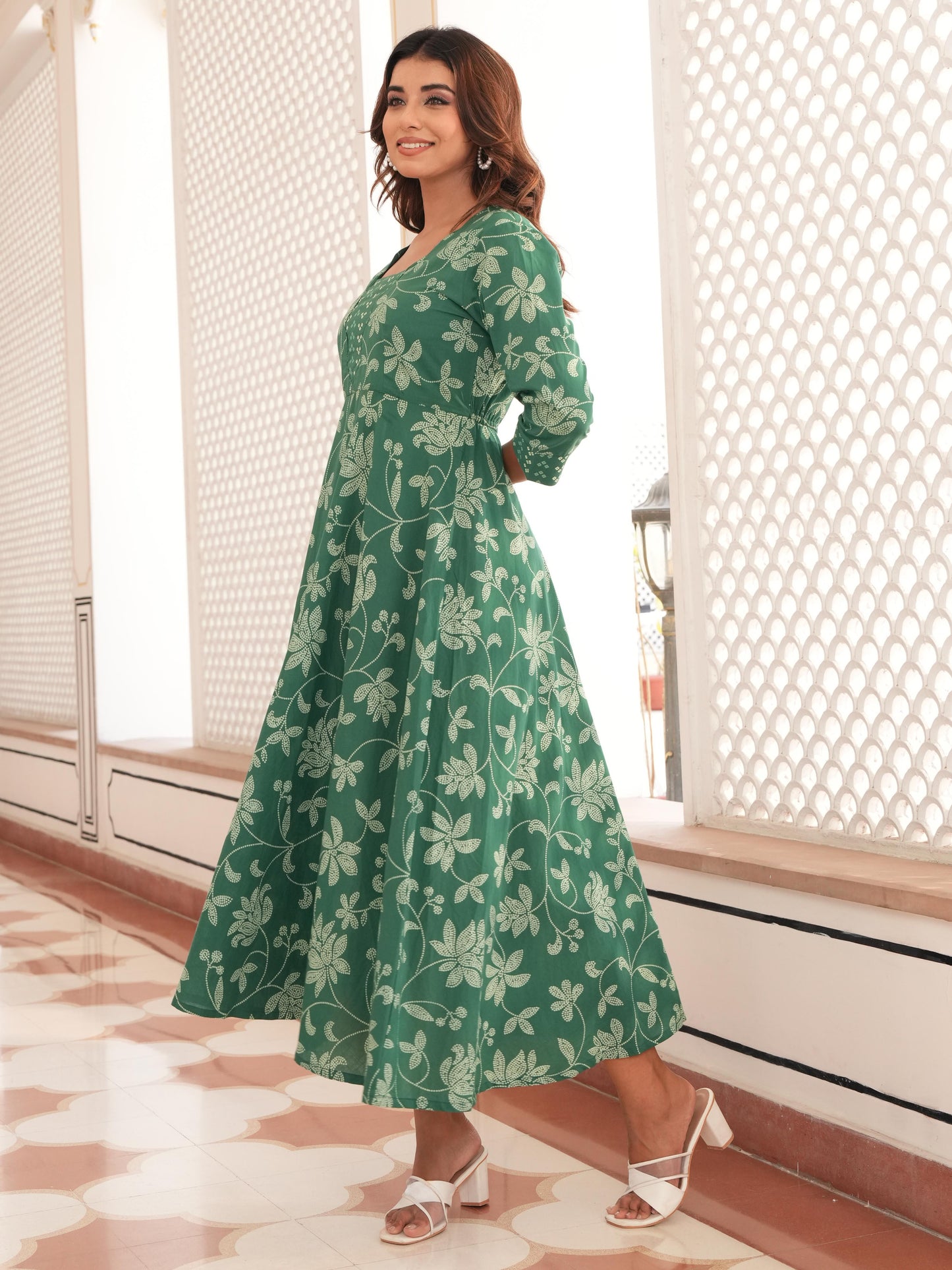 Soft Cotton Bandhani Anarkali Green Dress