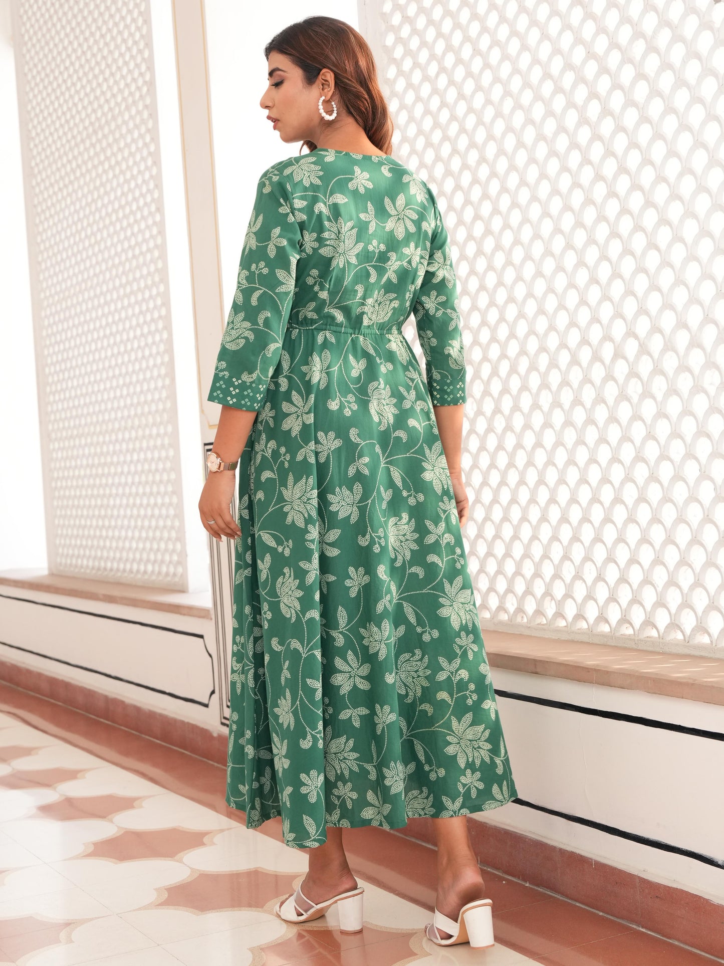 Soft Cotton Bandhani Anarkali Green Dress