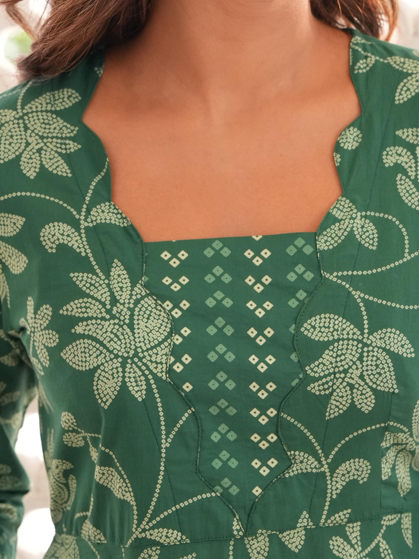 Soft Cotton Bandhani Anarkali Green Dress