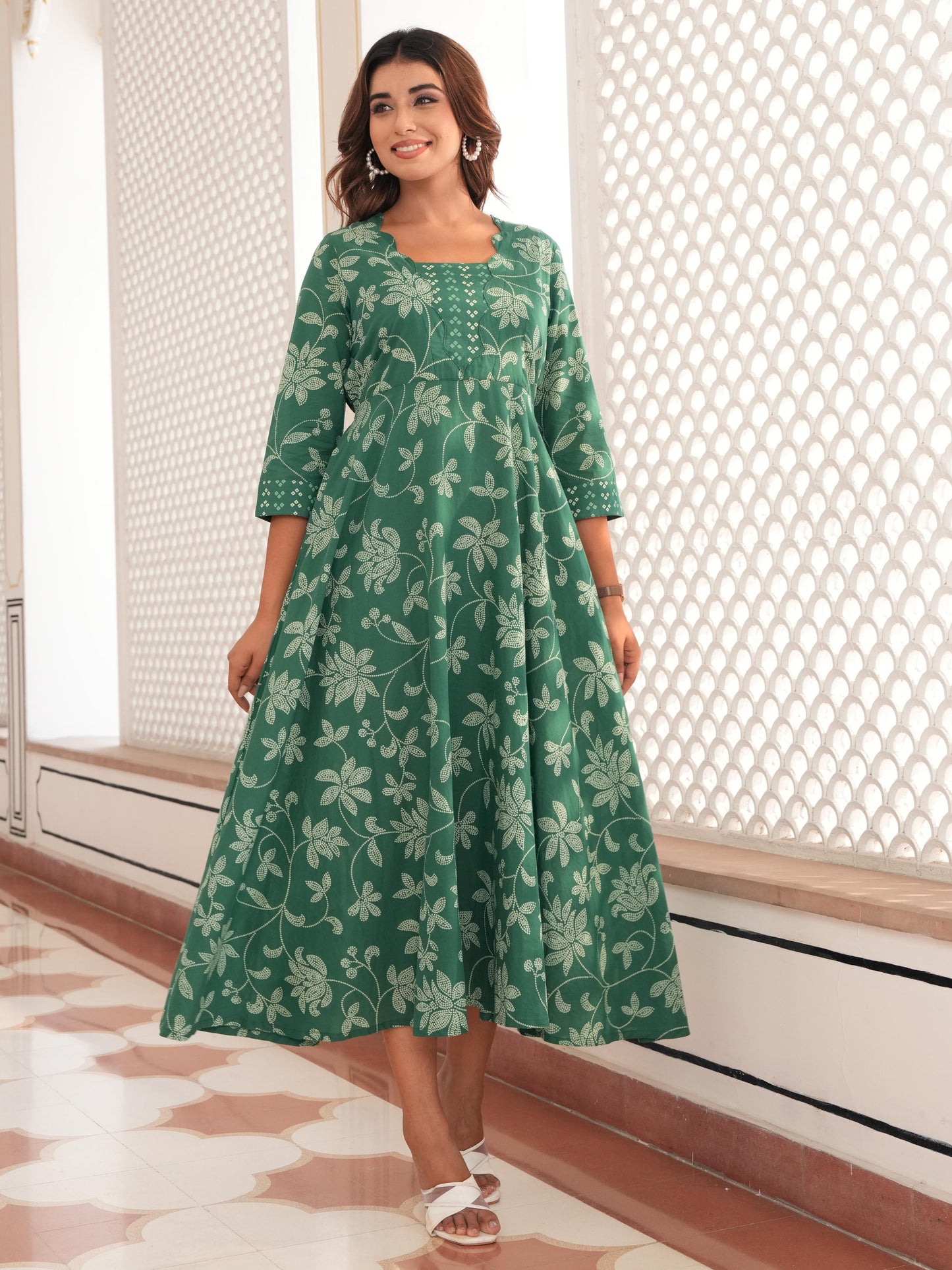 Soft Cotton Bandhani Anarkali Green Dress