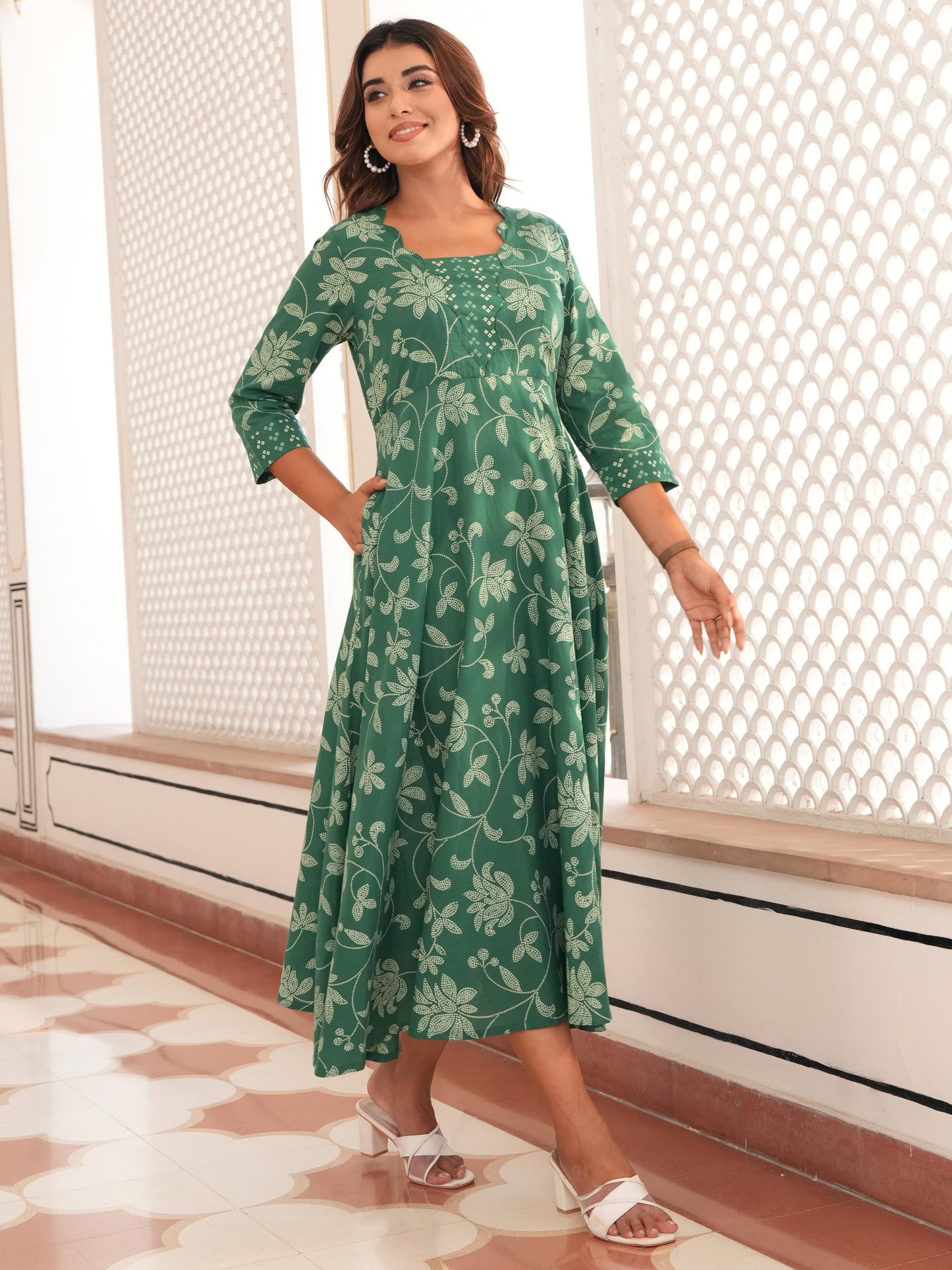 Soft Cotton Bandhani Anarkali Green Dress