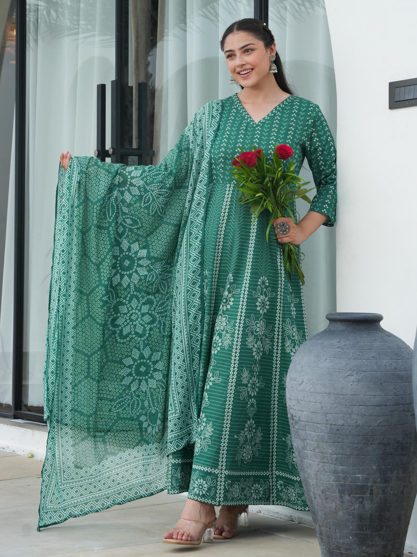 Cotton Voile Bandhani Green Dupatta