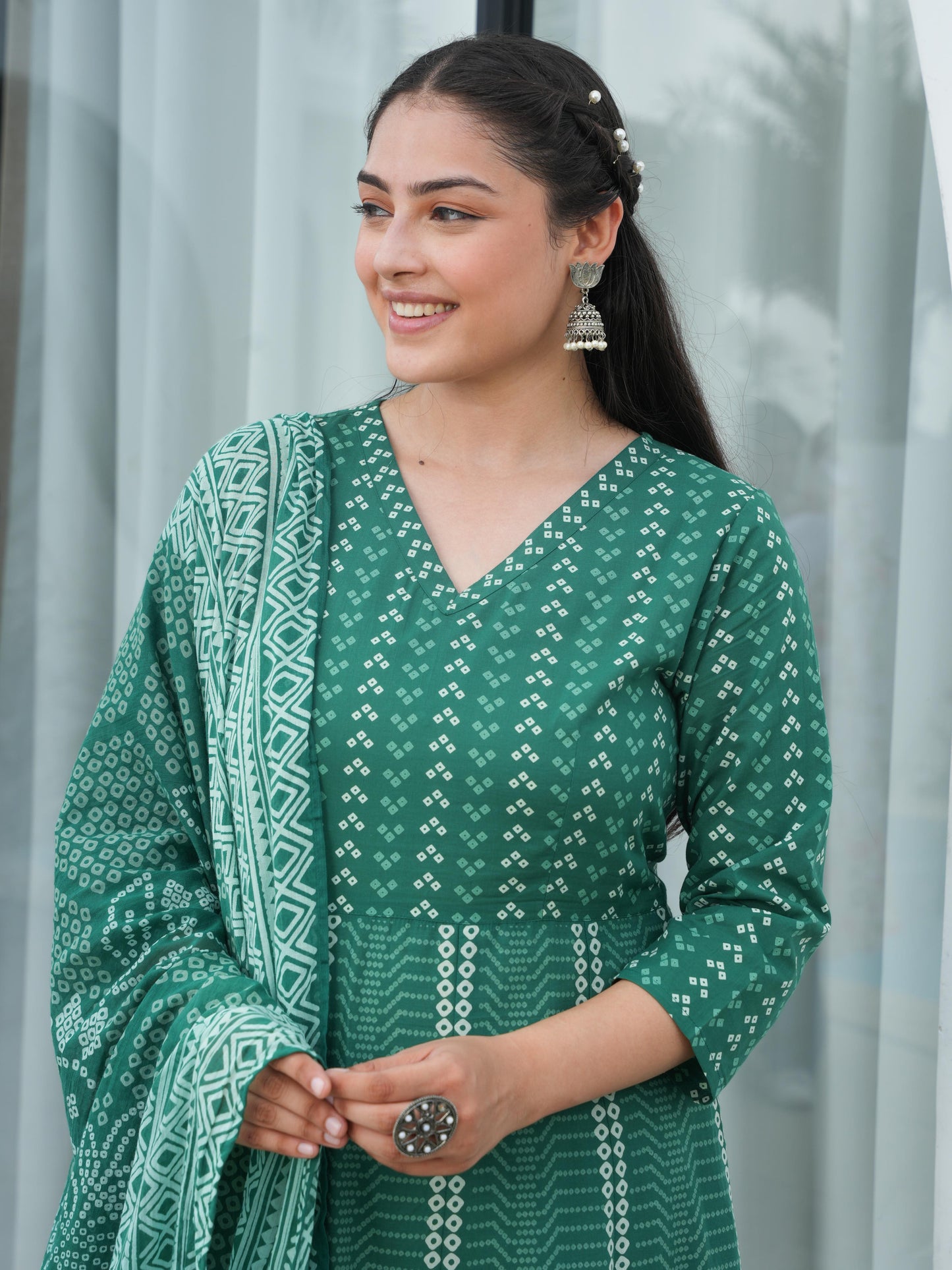 Soft Cotton Bandhani Angrakha Green Kurta