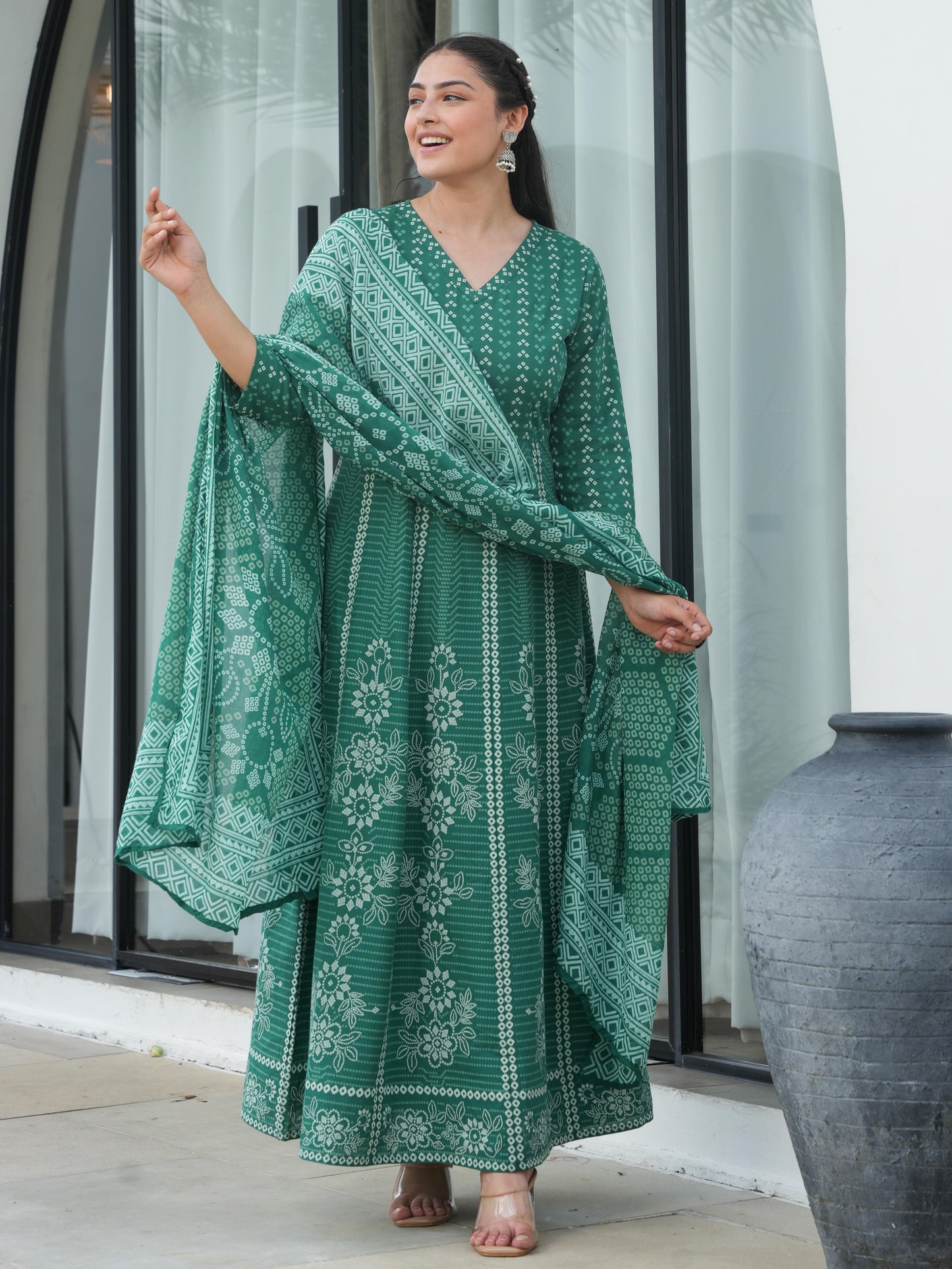 Soft Cotton Bandhani Angrakha Green Kurta