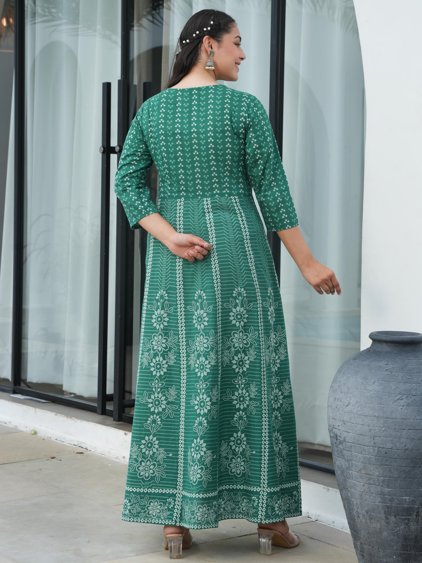 Soft Cotton Bandhani Angrakha Green Kurta