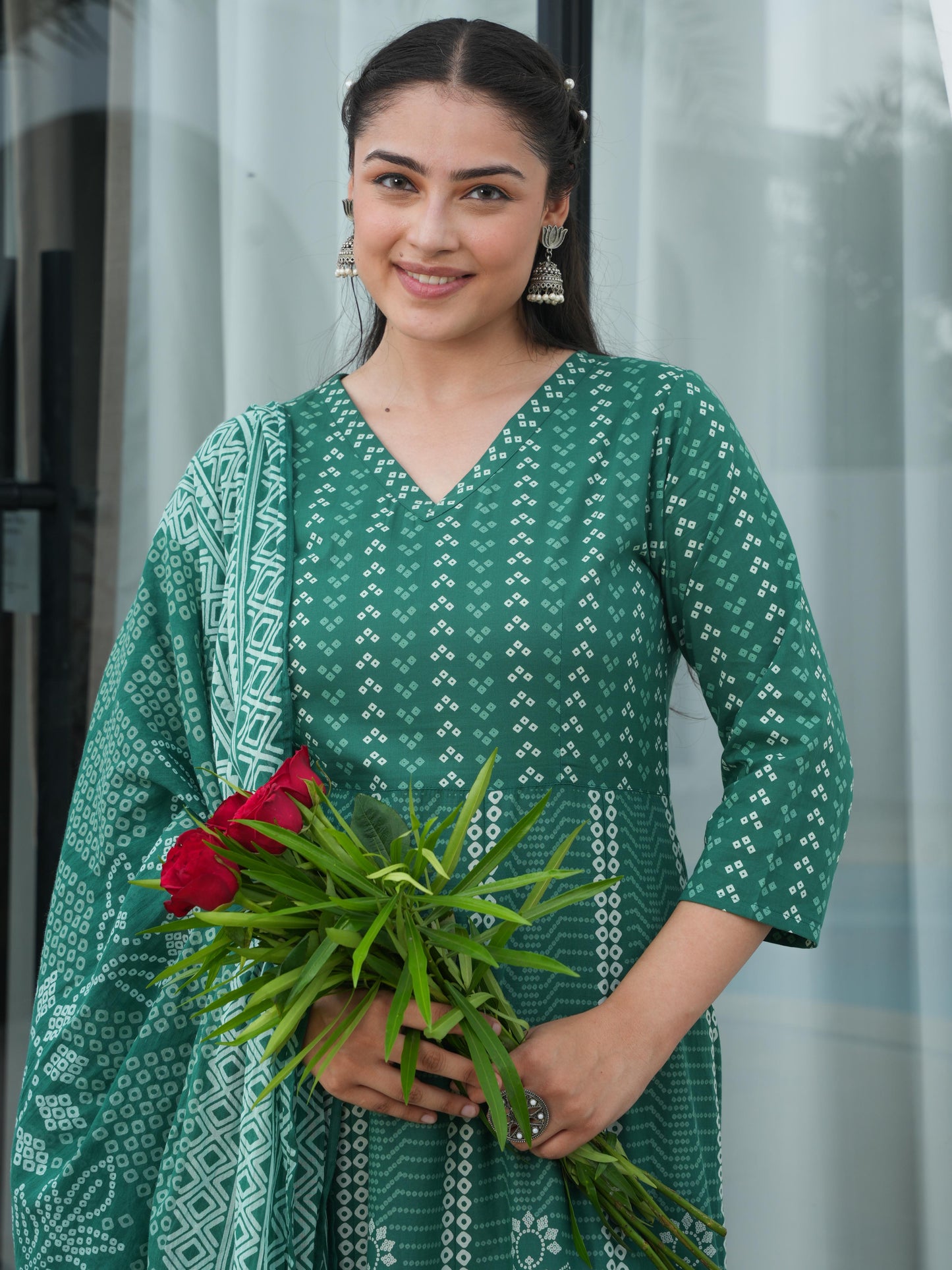 Soft Cotton Bandhani Angrakha Green Kurta