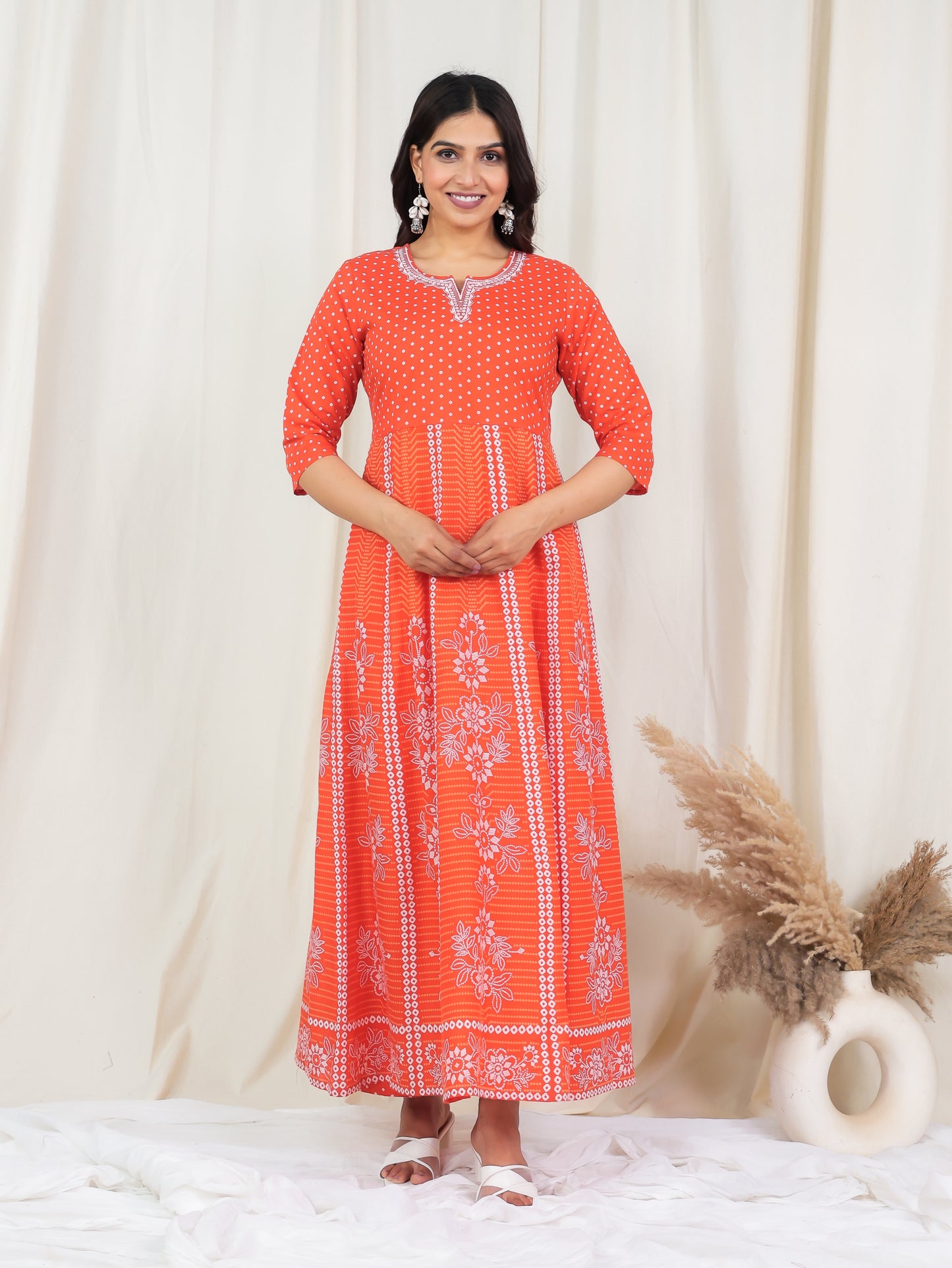 Embroidered Soft Cotton Bandhani Anarkali Orange Kurta