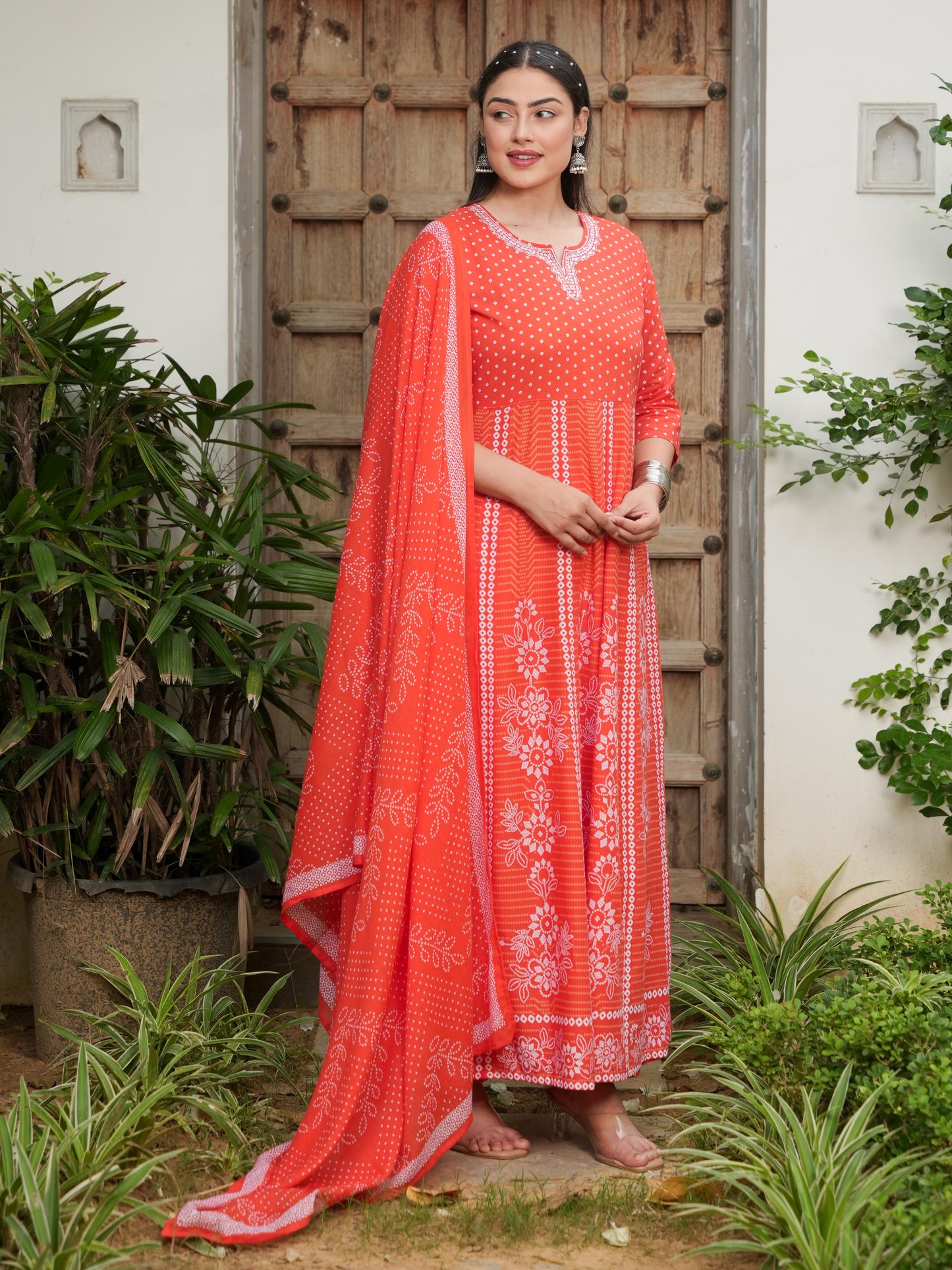 Embroidered Soft Cotton Bandhani Anarkali Orange Kurta