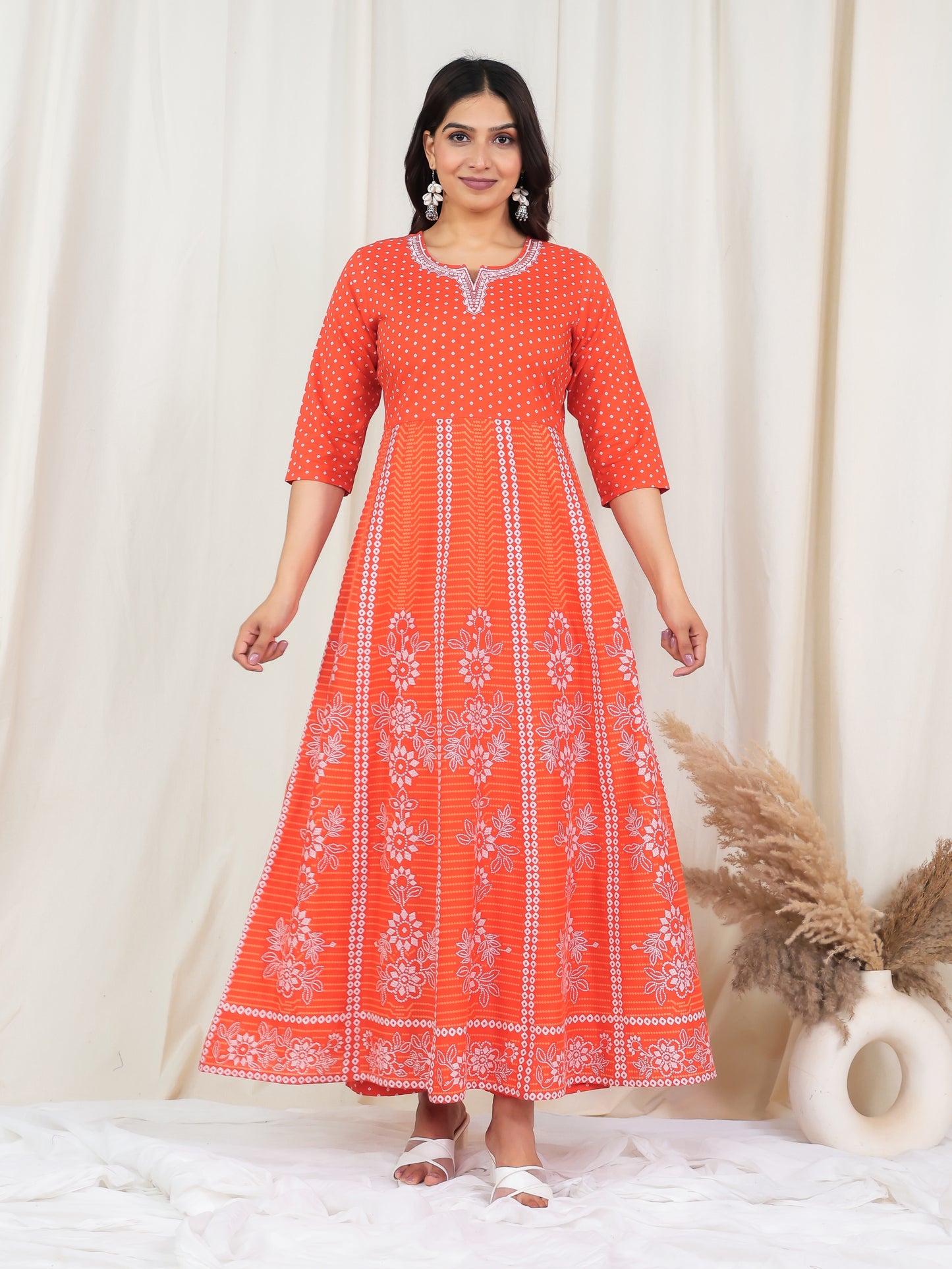 Embroidered Soft Cotton Bandhani Anarkali Orange Kurta