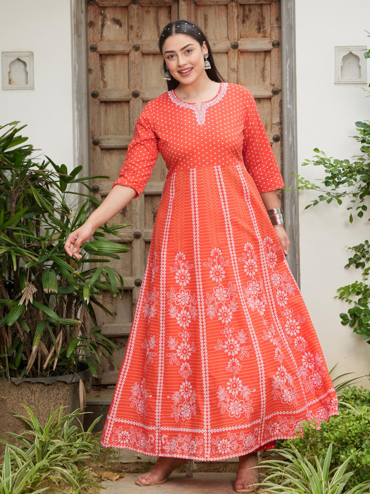 Embroidered Soft Cotton Bandhani Anarkali Orange Kurta