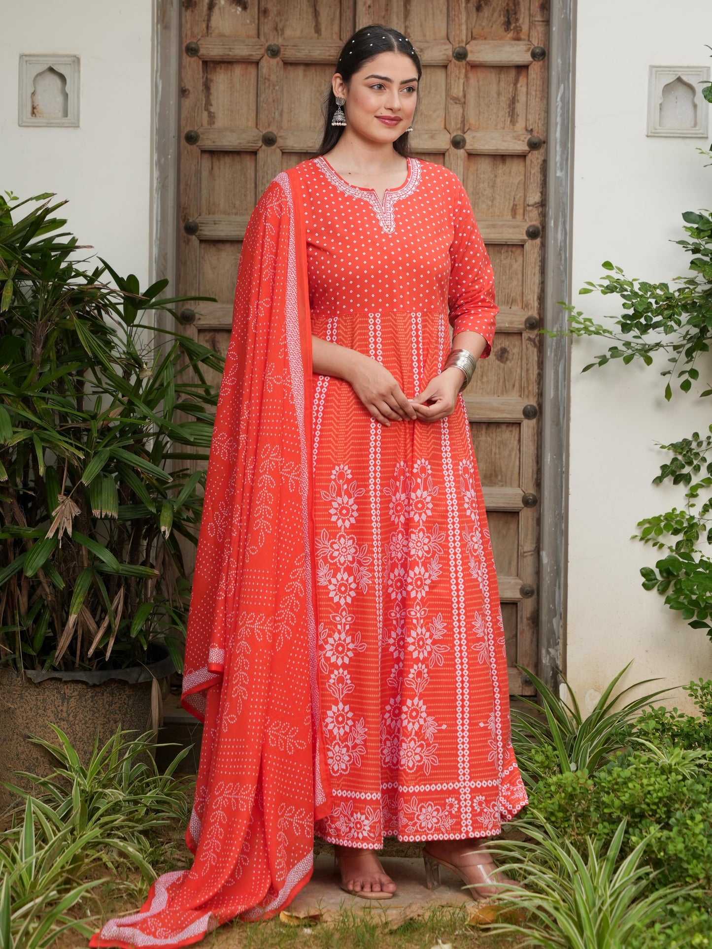 Embroidered Soft Cotton Bandhani Anarkali Orange Kurta