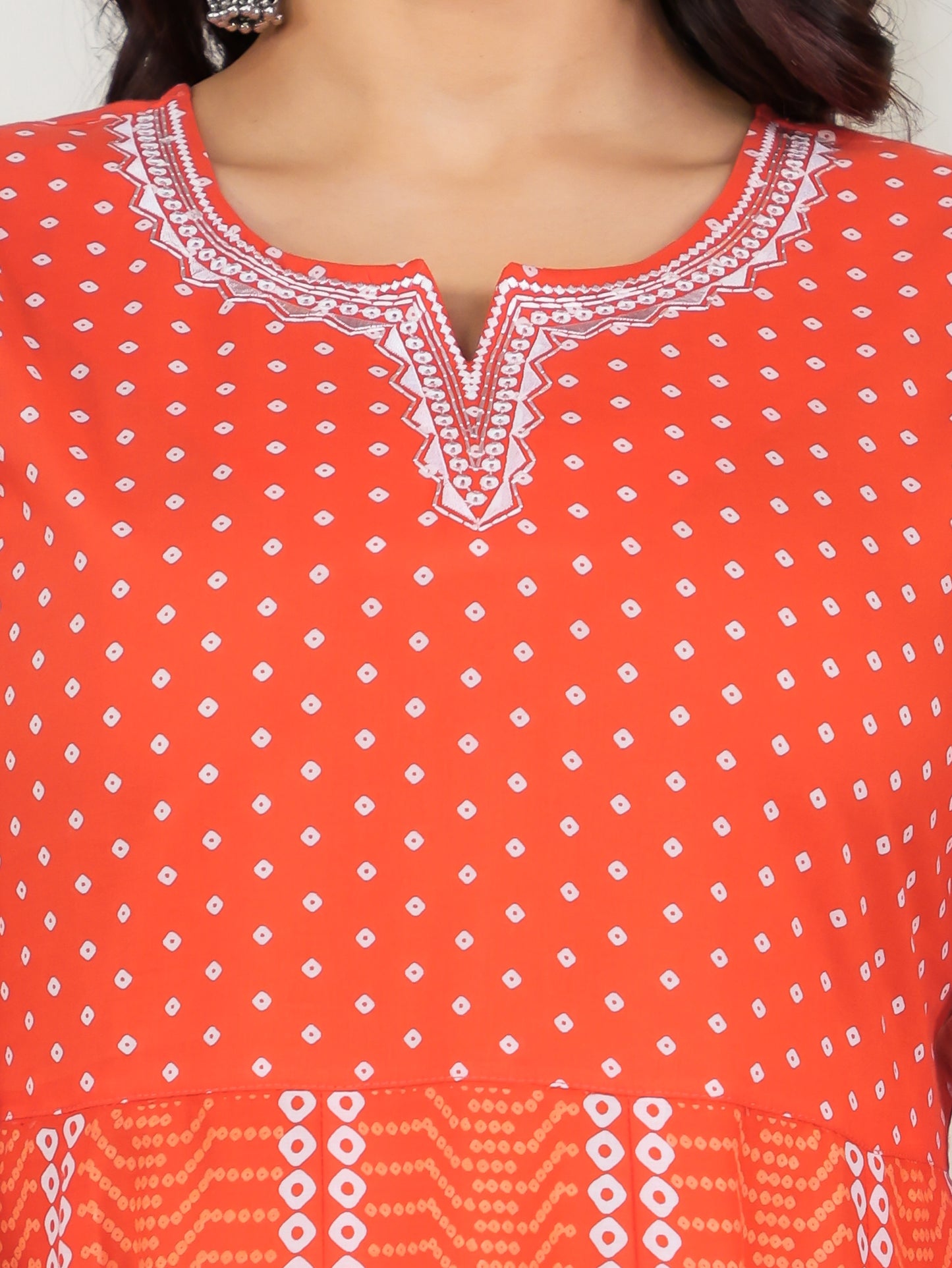 Embroidered Soft Cotton Bandhani Anarkali Orange Kurta
