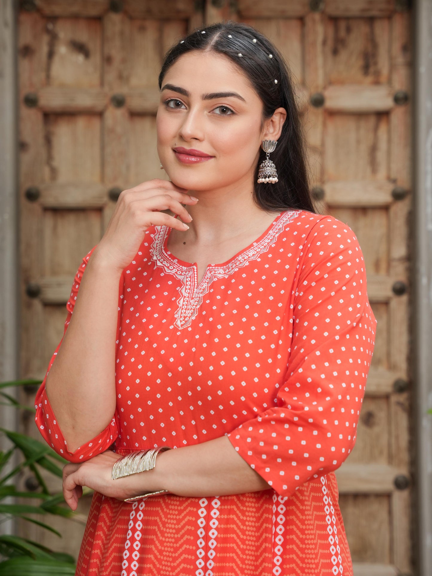 Embroidered Soft Cotton Bandhani Anarkali Orange Kurta