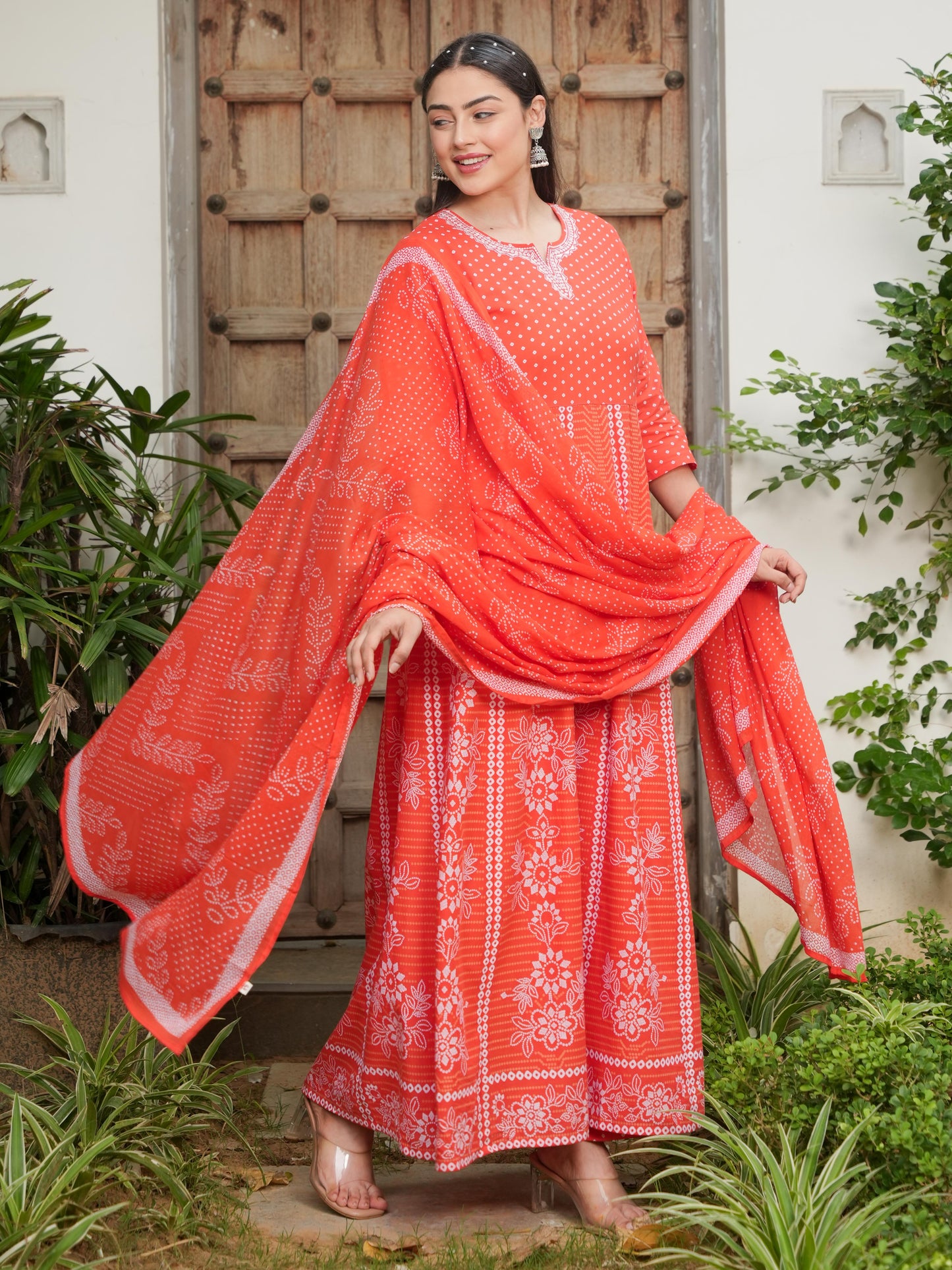 Embroidered Soft Cotton Bandhani Anarkali Orange Kurta