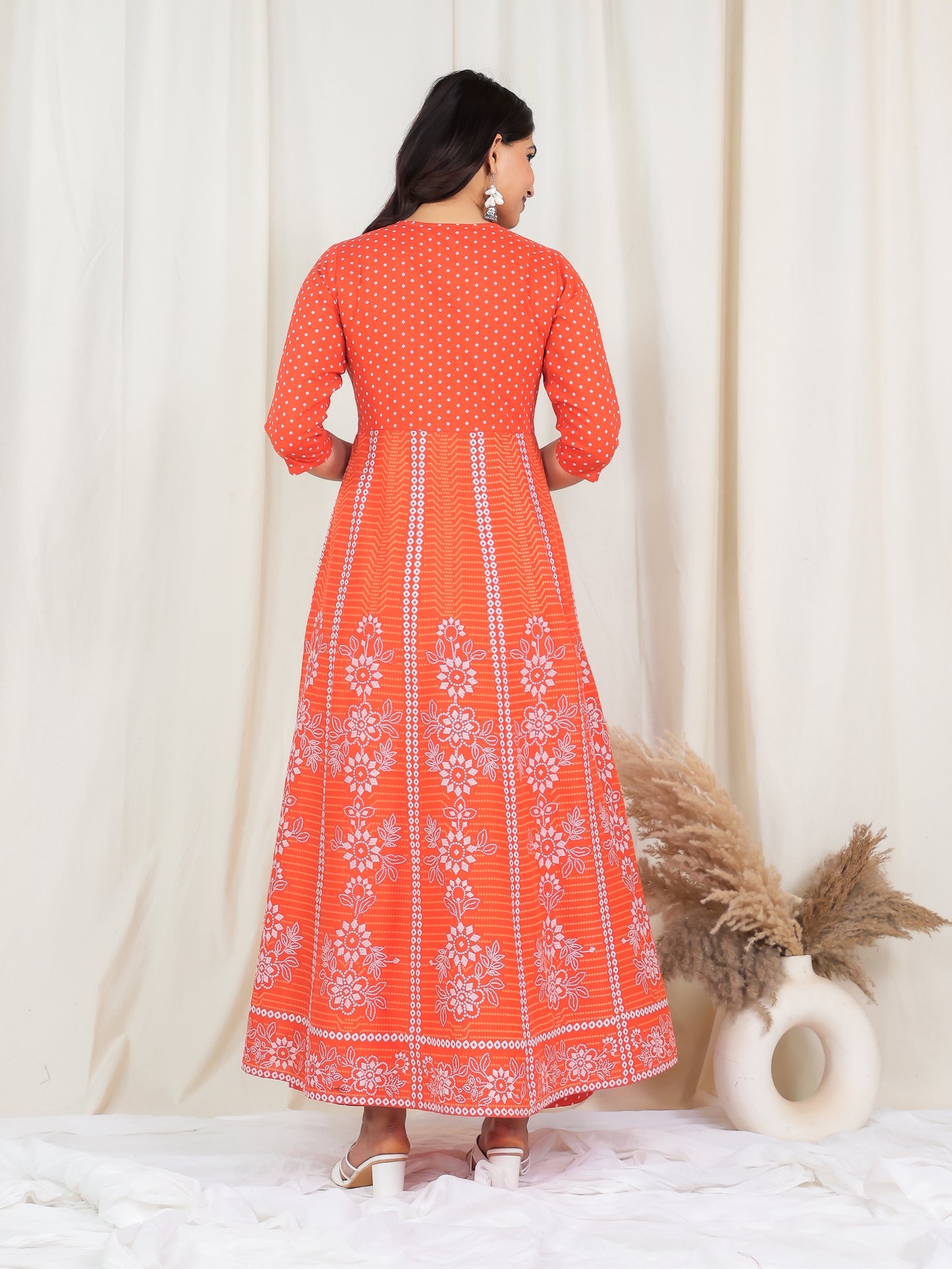 Embroidered Soft Cotton Bandhani Anarkali Orange Kurta