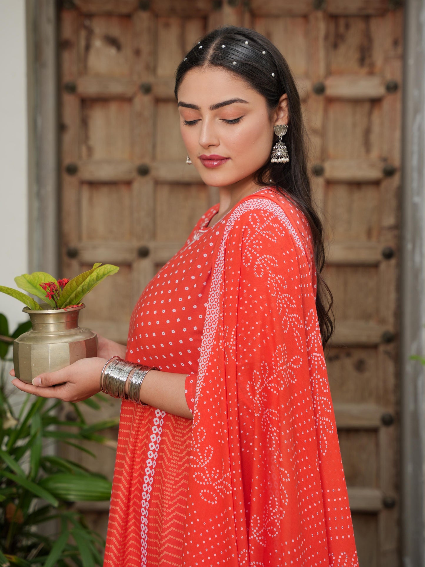 Embroidered Soft Cotton Bandhani Anarkali Orange Kurta