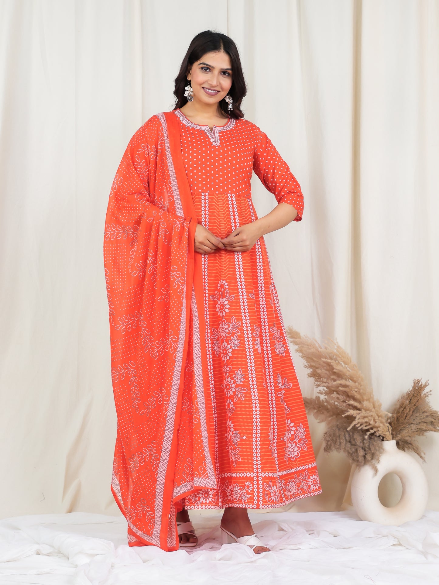 Embroidered Soft Cotton Bandhani Anarkali Orange Kurta