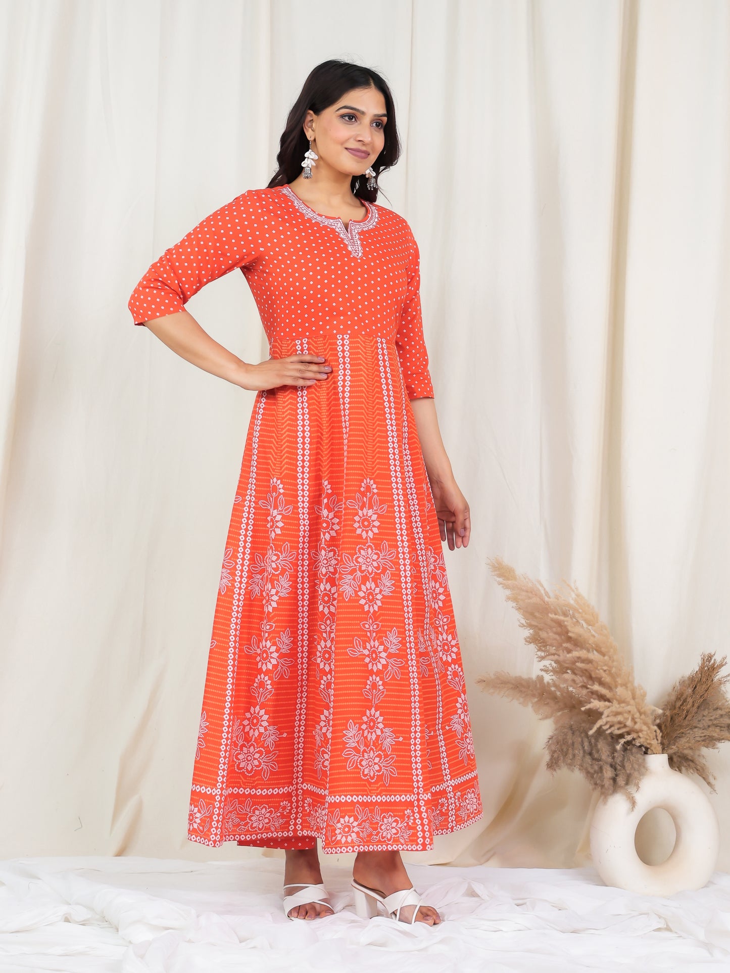 Embroidered Soft Cotton Bandhani Anarkali Orange Kurta