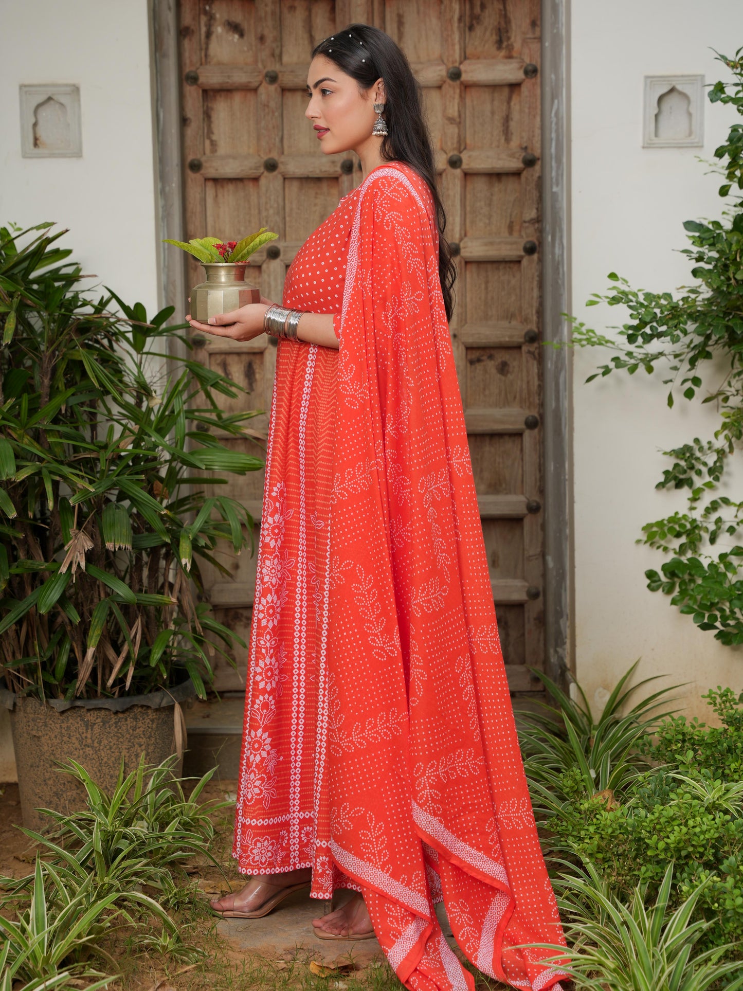 Embroidered Soft Cotton Bandhani Anarkali Orange Kurta