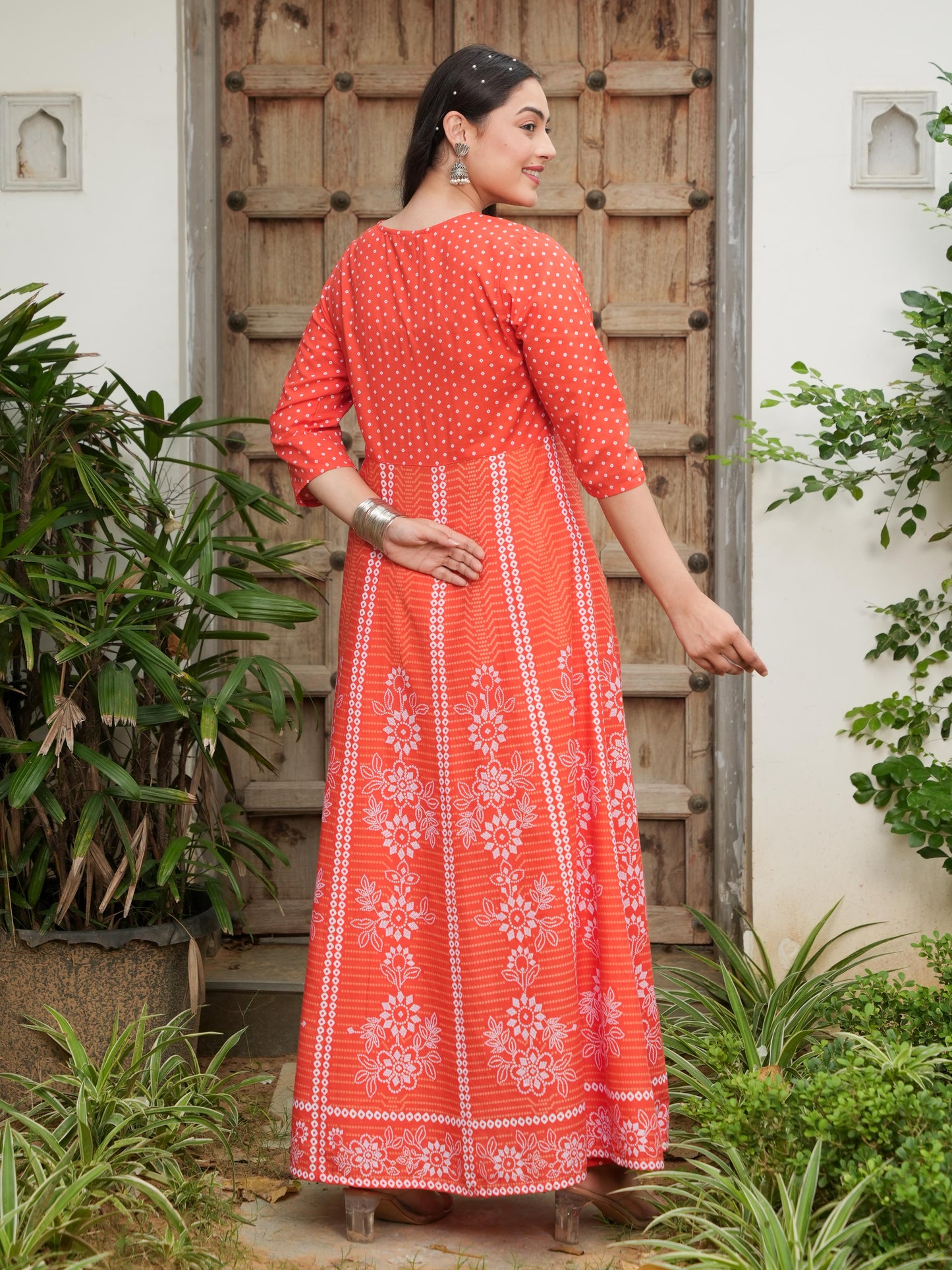 Embroidered Soft Cotton Bandhani Anarkali Orange Kurta