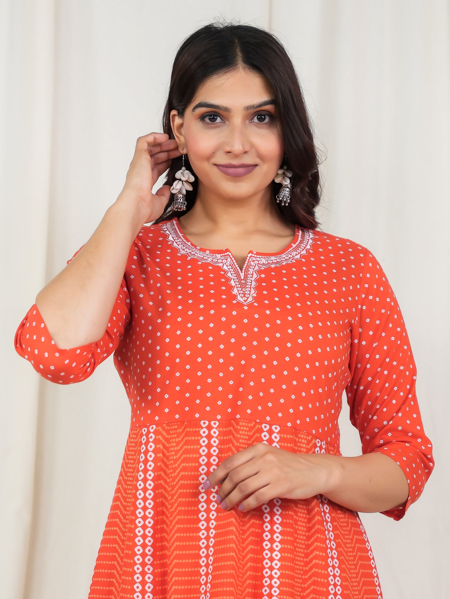 Embroidered Soft Cotton Bandhani Anarkali Orange Kurta