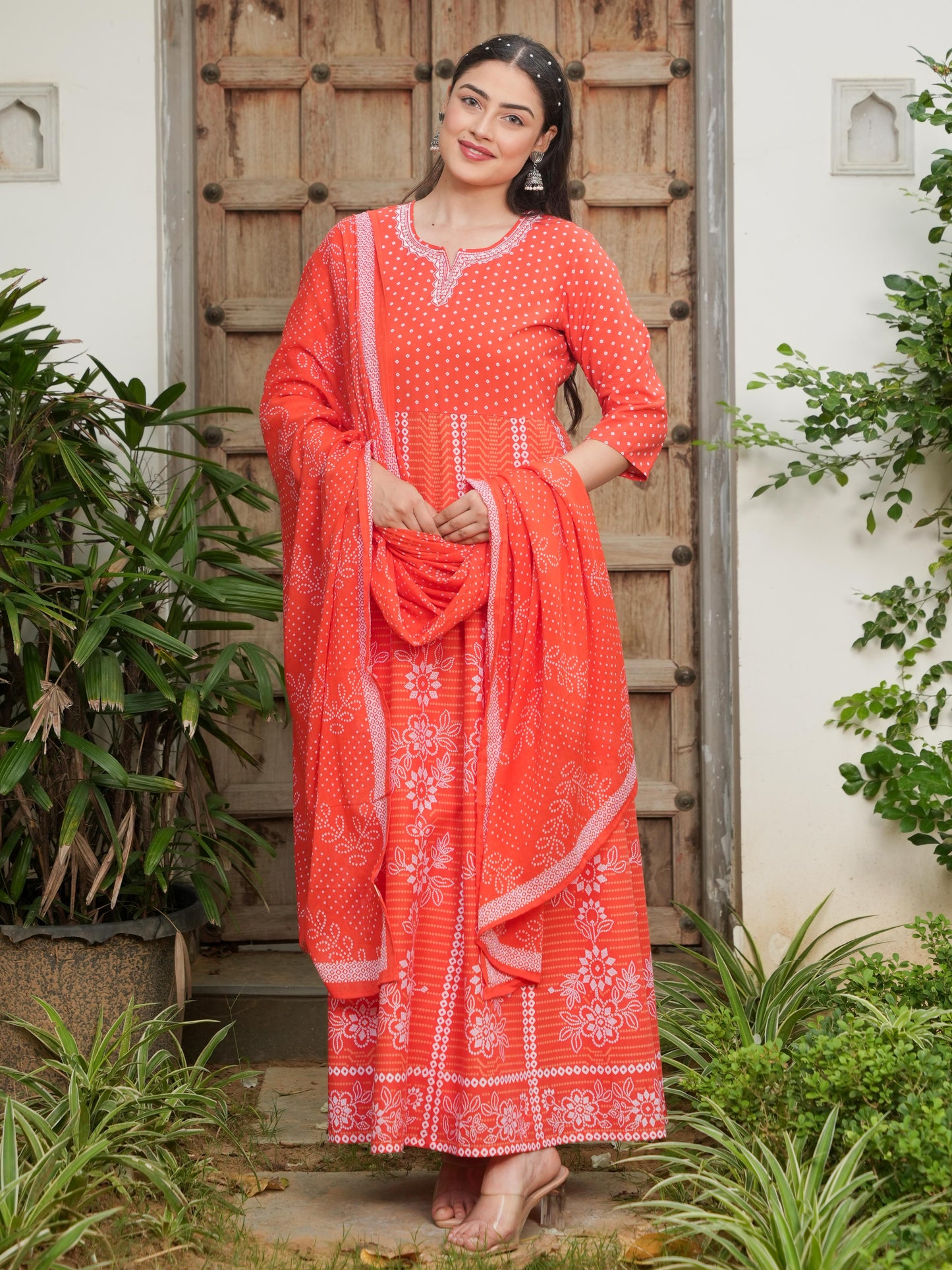 Embroidered Soft Cotton Bandhani Anarkali Orange Kurta