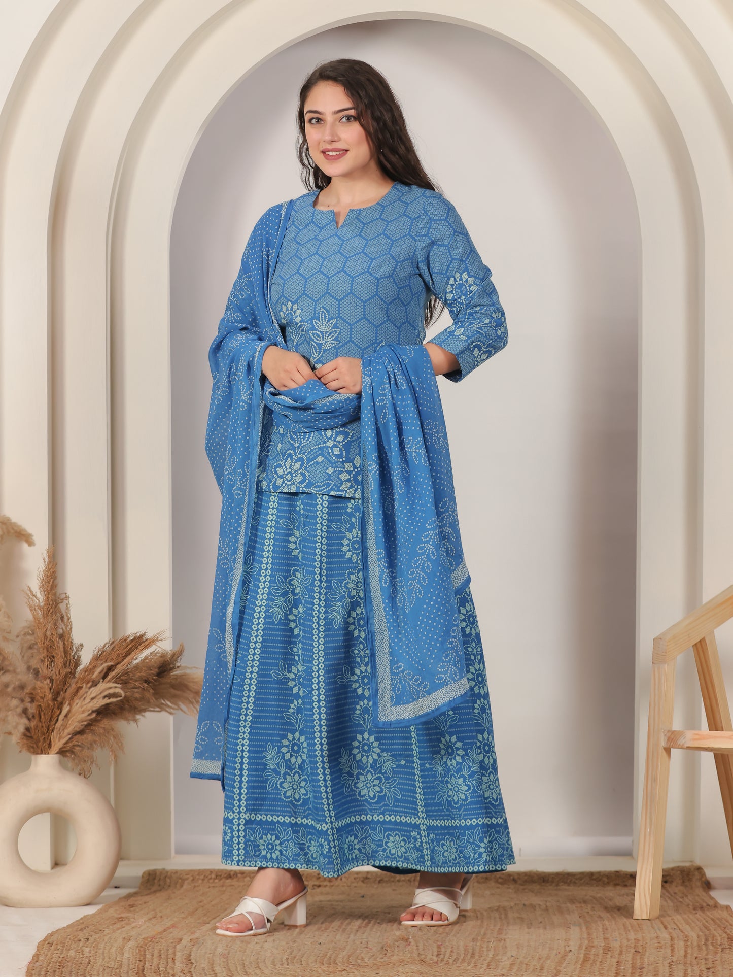 Soft Cotton Bandhani Straight Blue Kurta