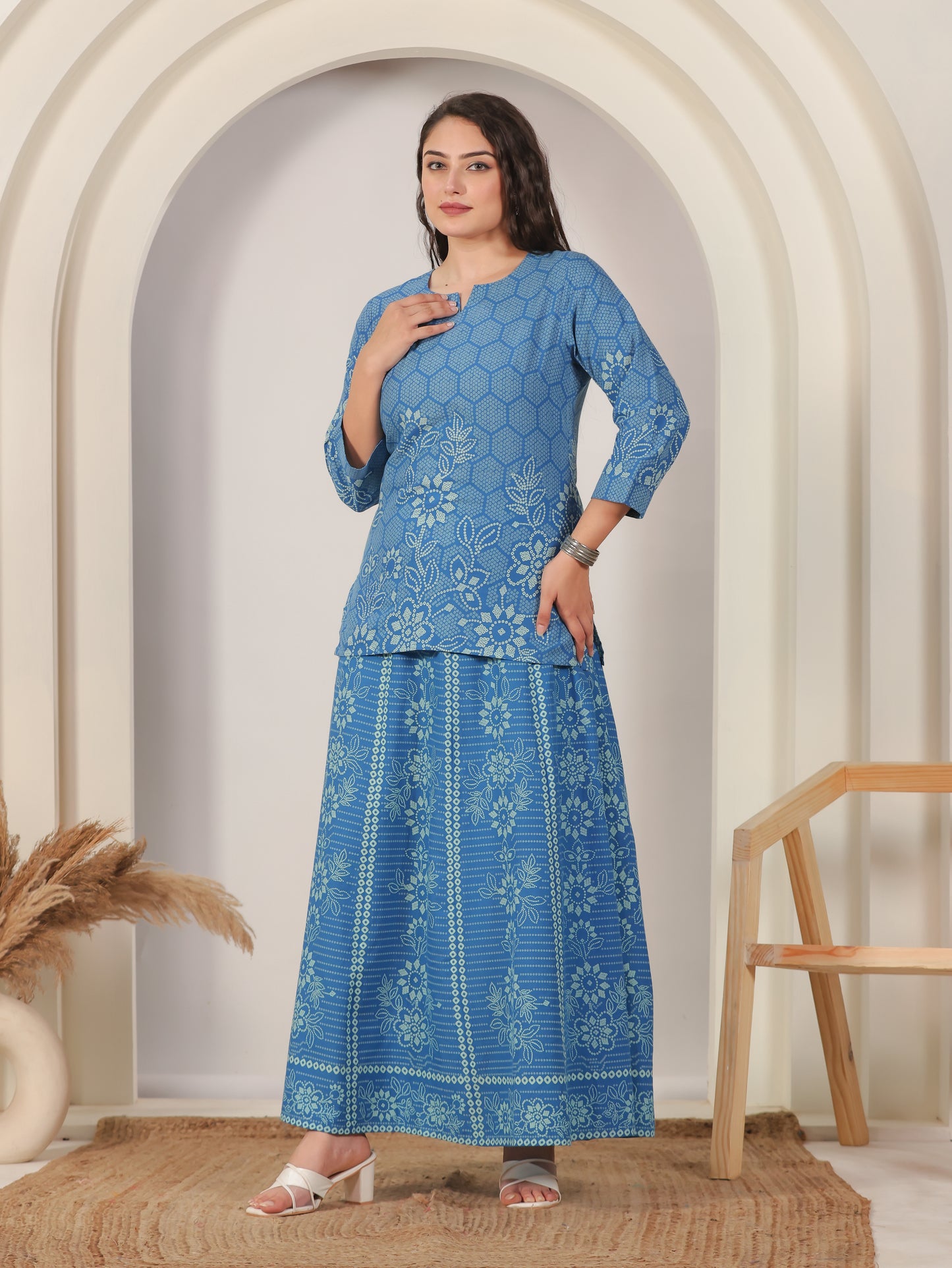 Soft Cotton Bandhani Straight Blue Kurta