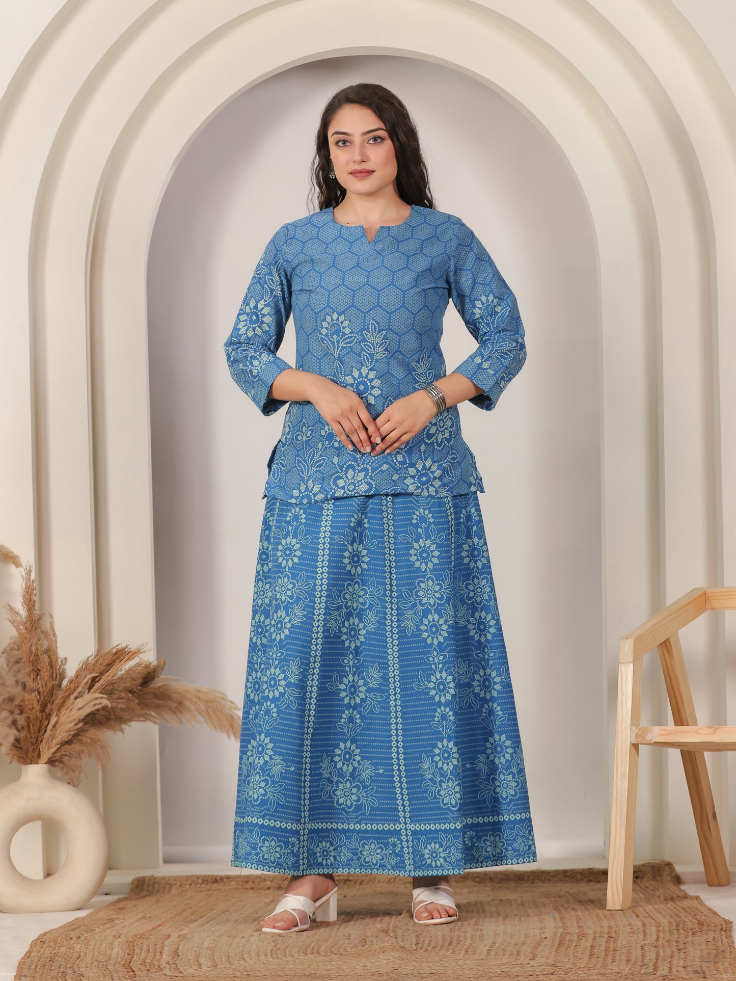 Soft Cotton Bandhani Straight Blue Kurta