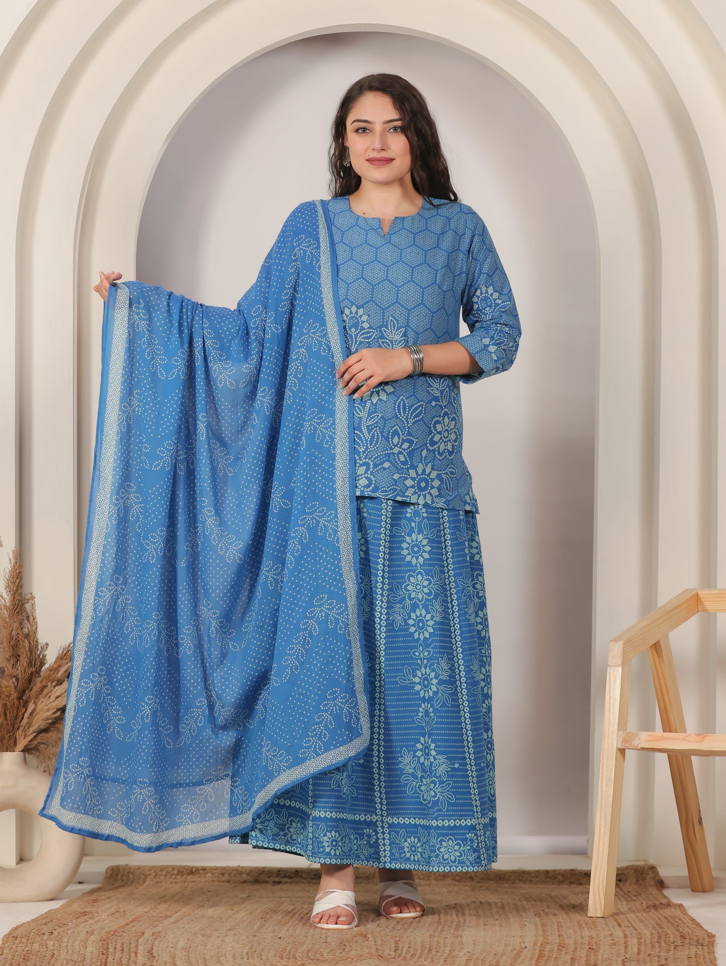 Soft Cotton Bandhani Straight Blue Kurta