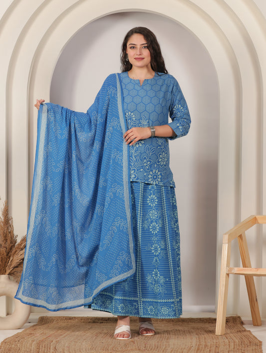 Soft Cotton Bandhani Straight Blue Kurta