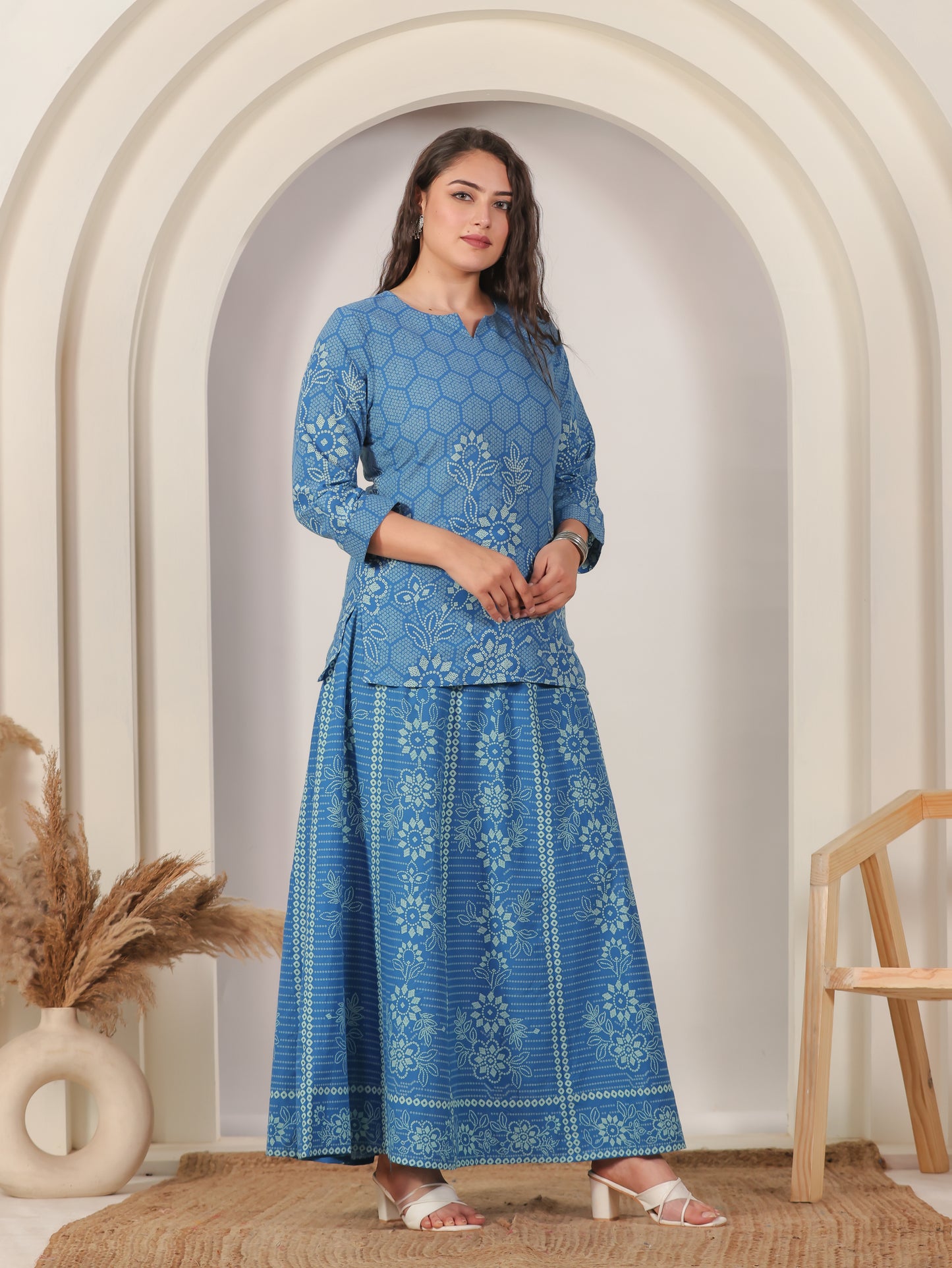 Soft Cotton Bandhani Straight Blue Kurta